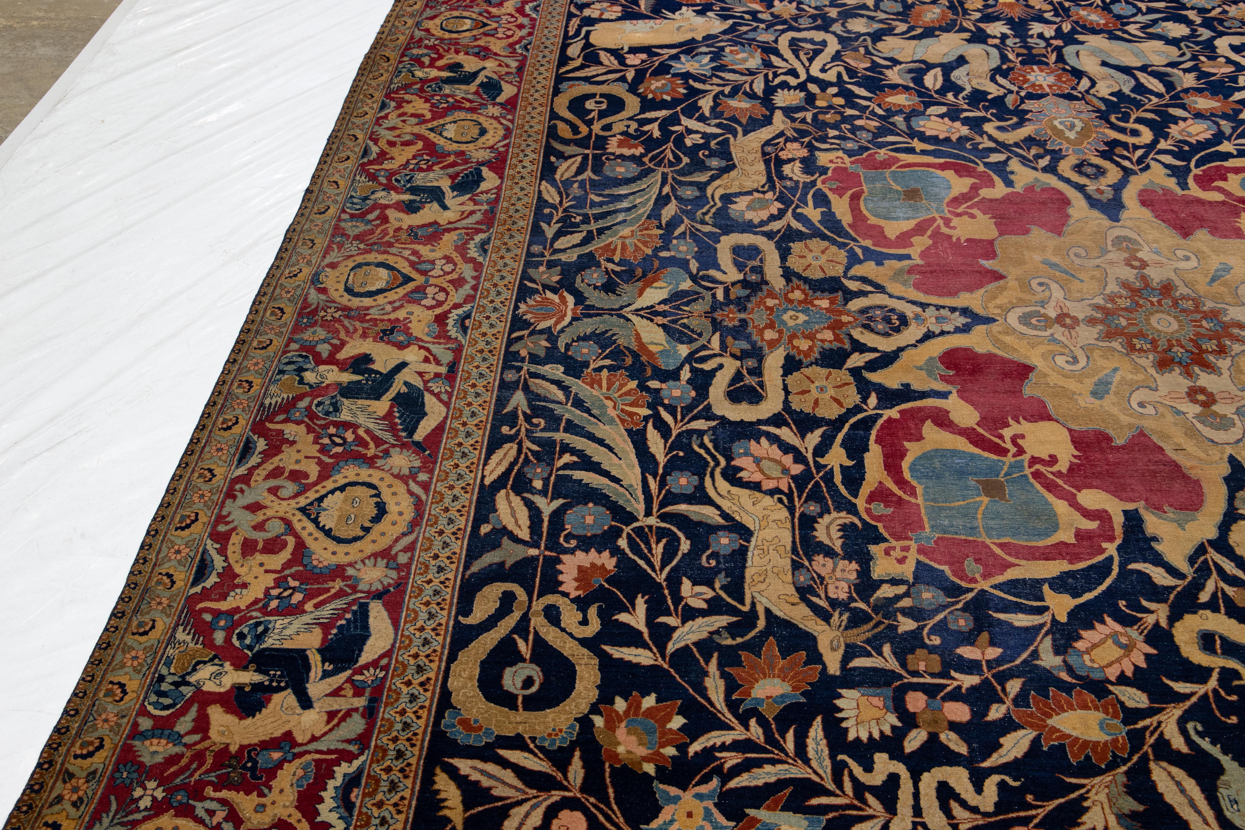 Siglo XIX, Antigua Alfombra Persa Tabriz Azul de Lana Hecha a Mano en venta 4