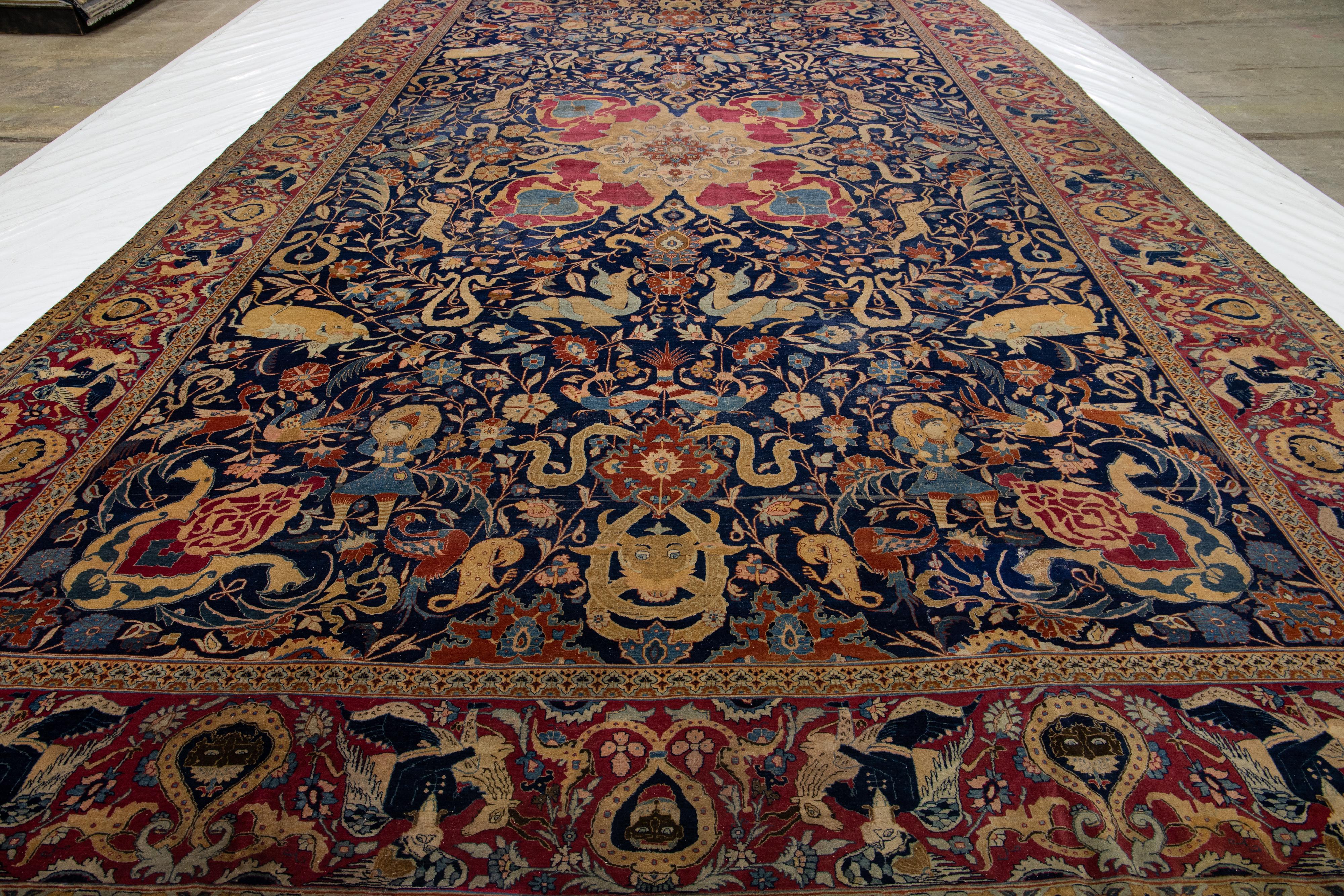 Siglo XIX, Antigua Alfombra Persa Tabriz Azul de Lana Hecha a Mano en venta 5