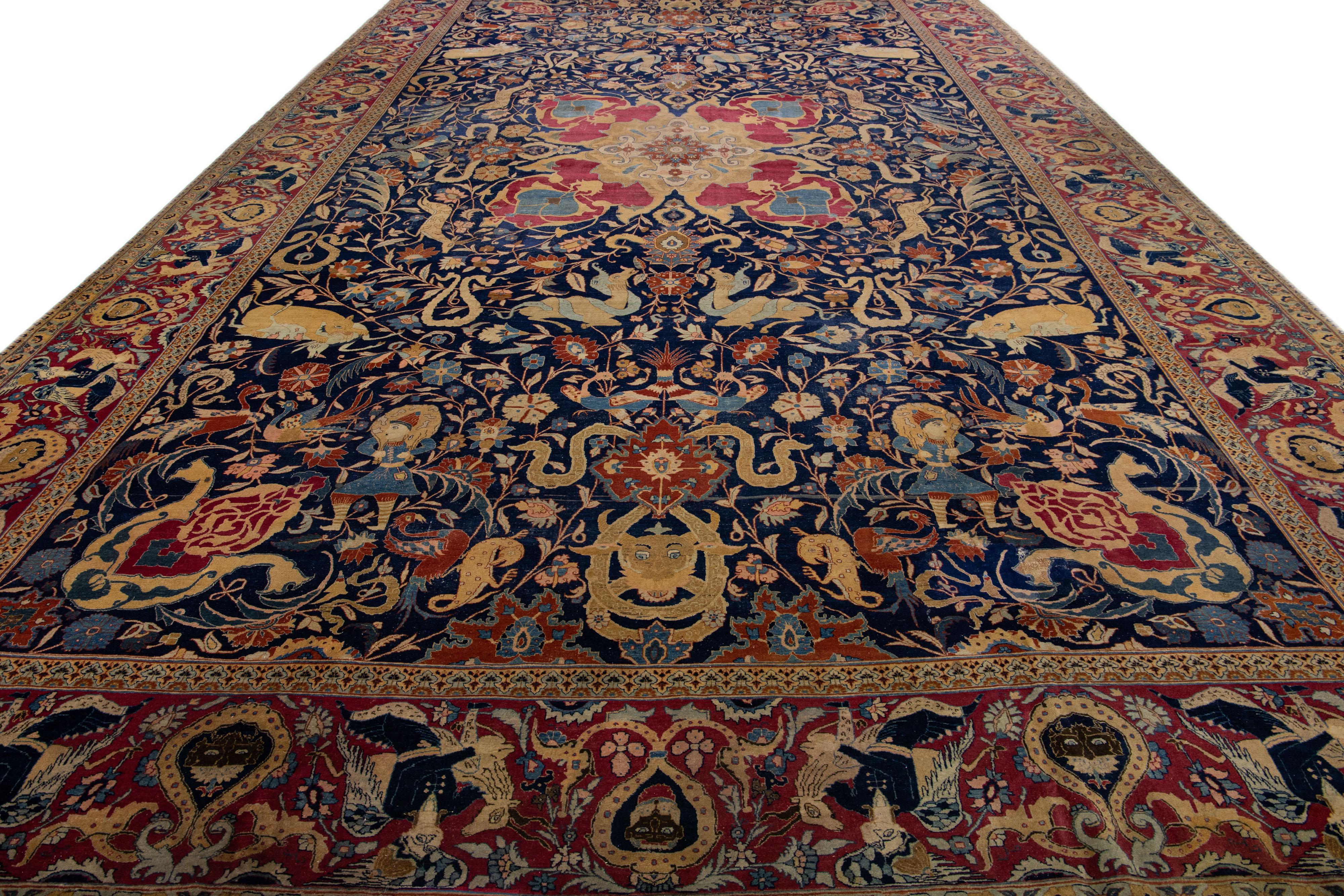 Islamic 19th Century, Blue Antique Persian Tabriz Handmade Allover Wool Rug For Sale
