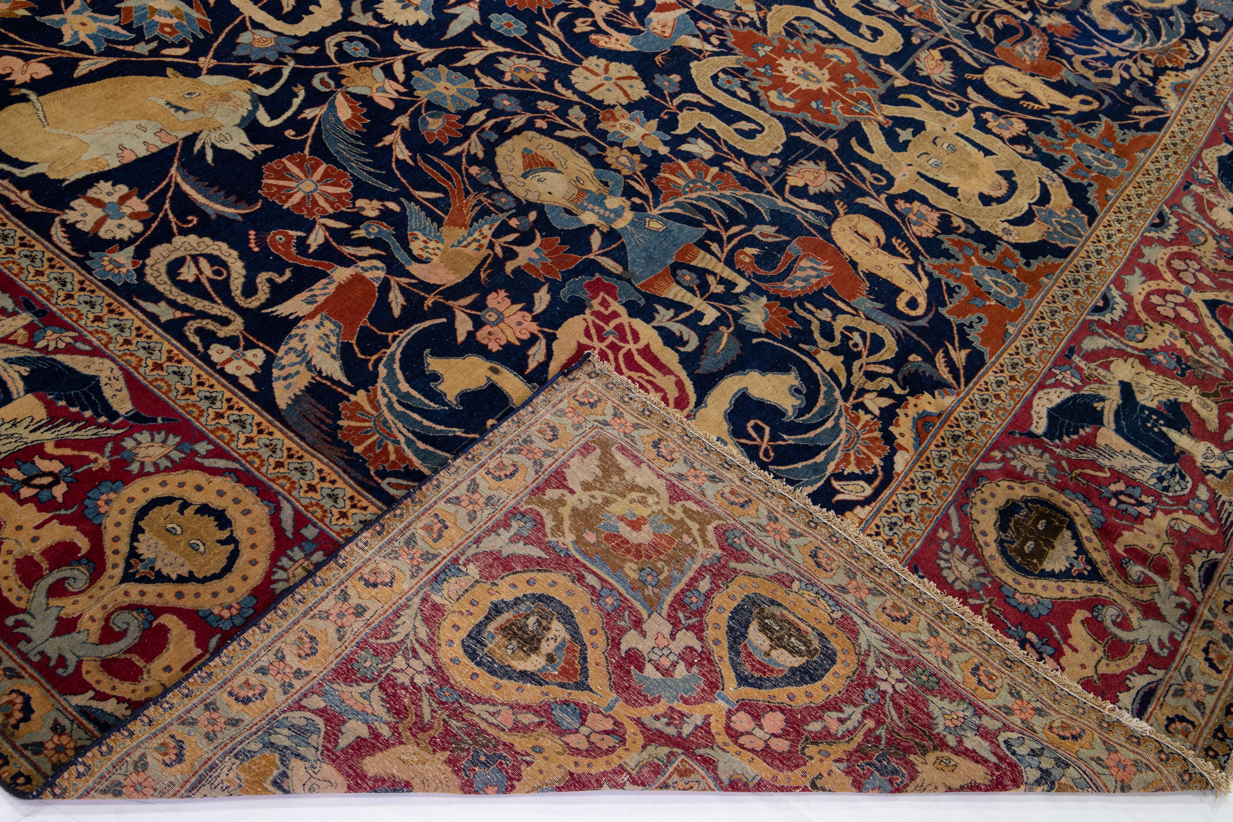 Siglo XIX, Antigua Alfombra Persa Tabriz Azul de Lana Hecha a Mano Islámico en venta