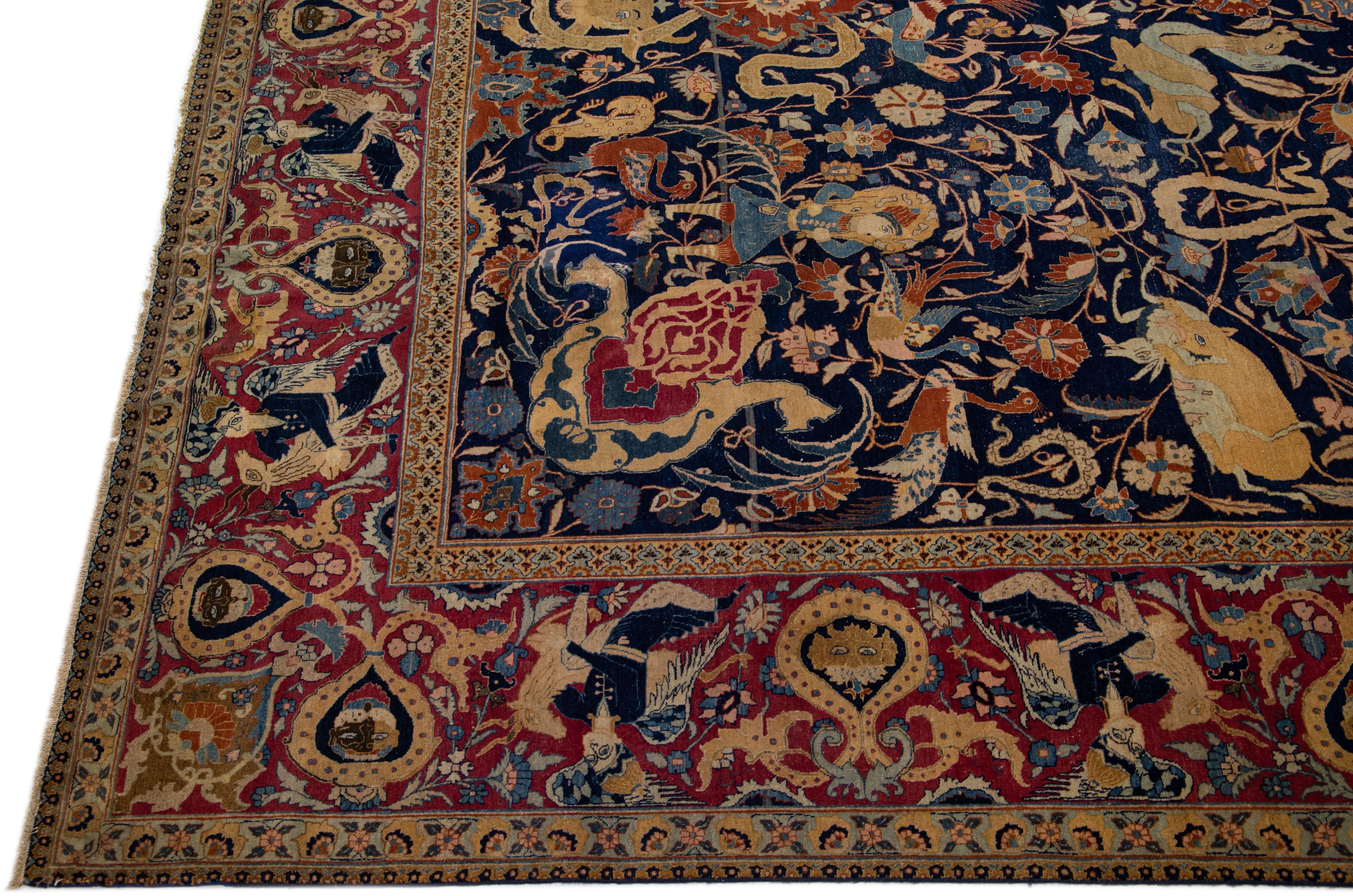 Hand-Knotted 19th Century, Blue Antique Persian Tabriz Handmade Allover Wool Rug For Sale