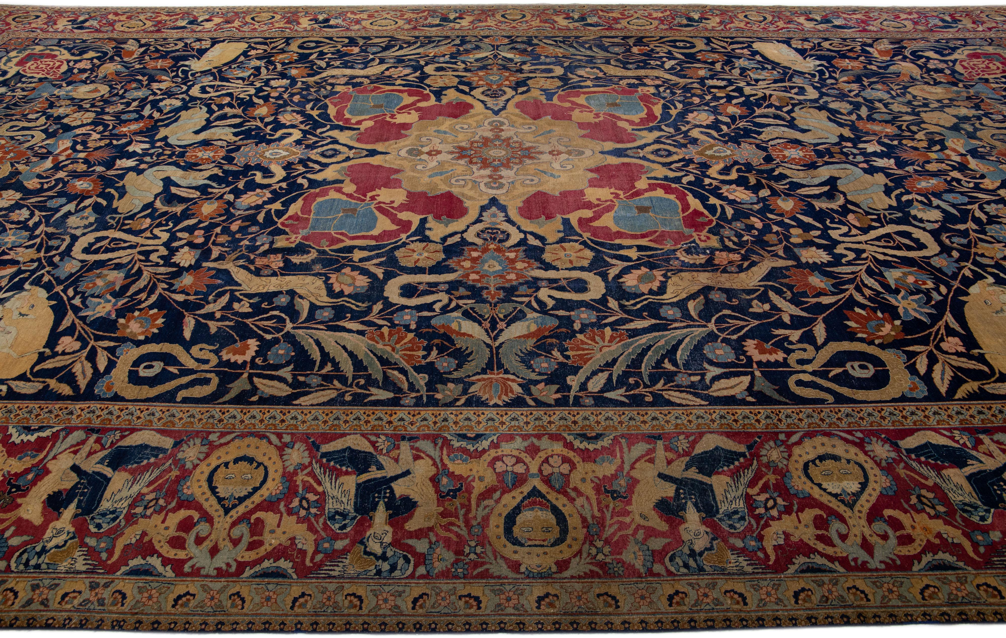 19th Century, Blue Antique Persian Tabriz Handmade Allover Wool Rug In Good Condition For Sale In Norwalk, CT