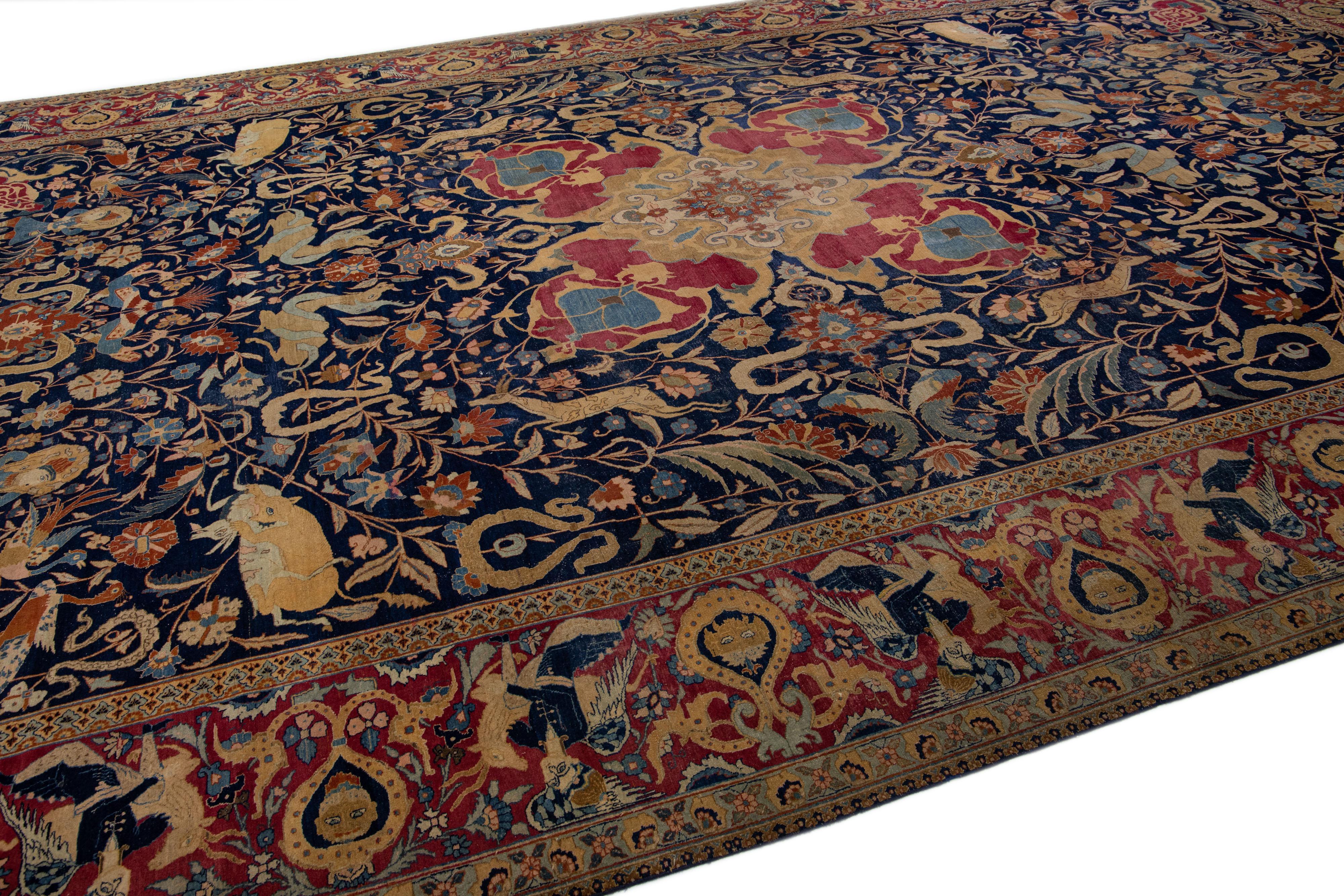 19th Century, Blue Antique Persian Tabriz Handmade Allover Wool Rug For Sale 1