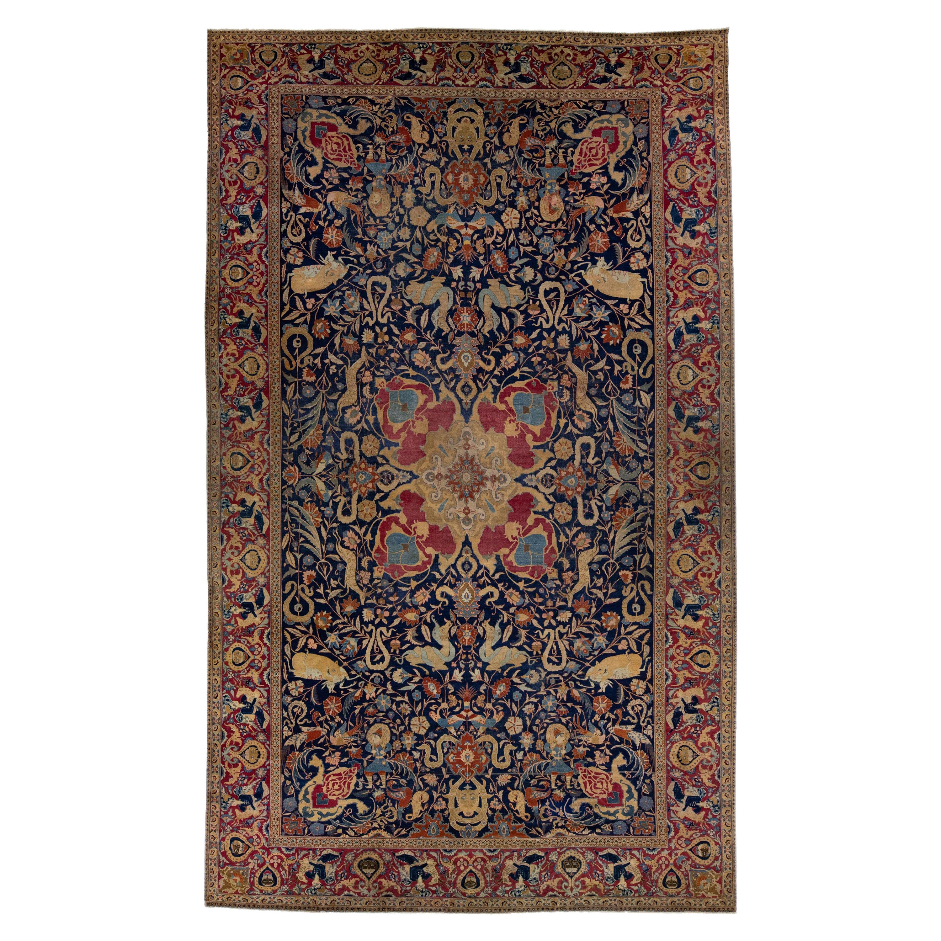 Tapis persan ancien en laine bleu de Tabriz du 19ème siècle, fait à la main sur toute sa surface