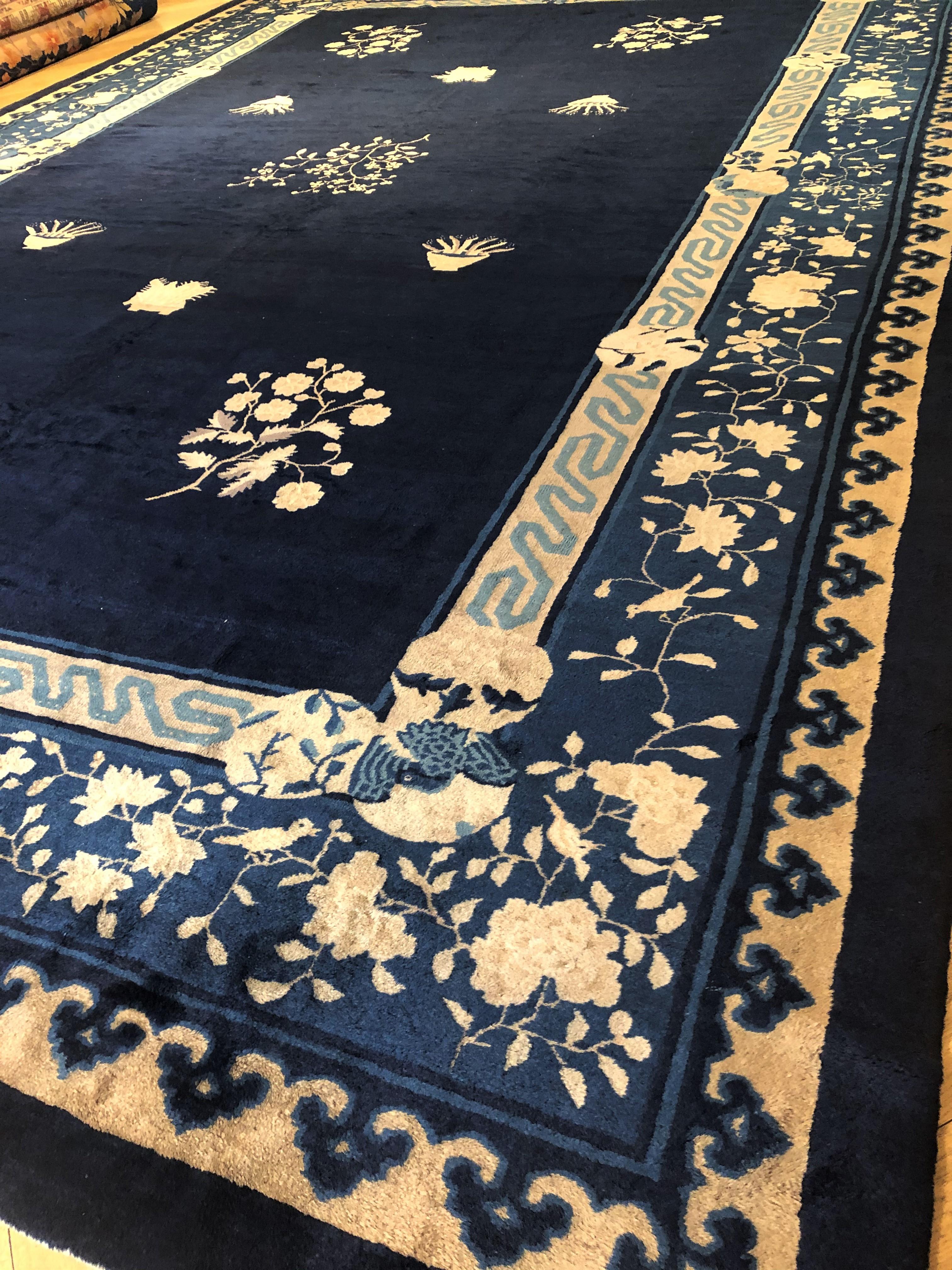 Hand-Knotted 19th Century Blue Chinese Floreal Garden Rug, circa 1850 For Sale