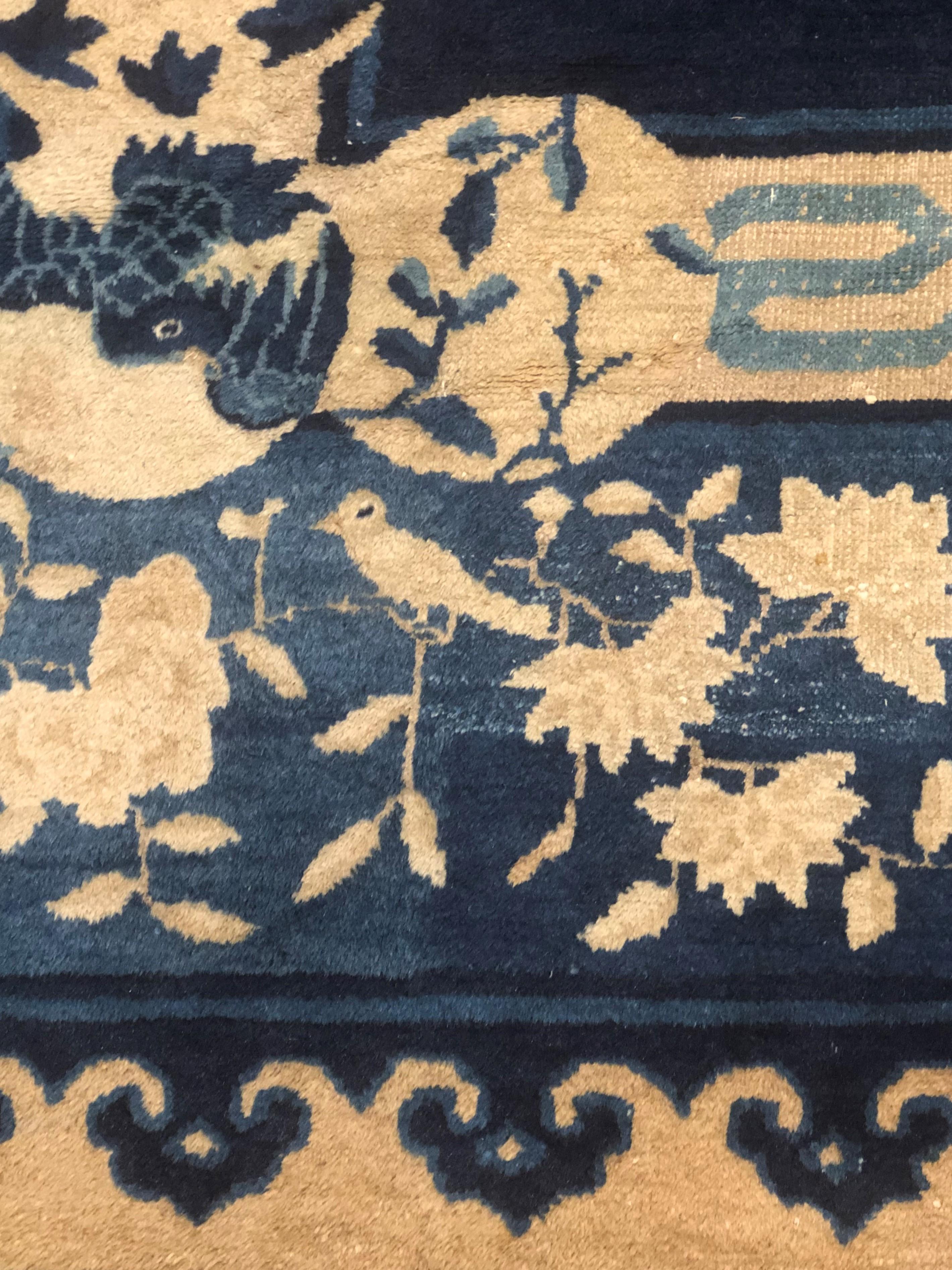 Wool 19th Century Blue Chinese Floreal Garden Rug, circa 1850 For Sale
