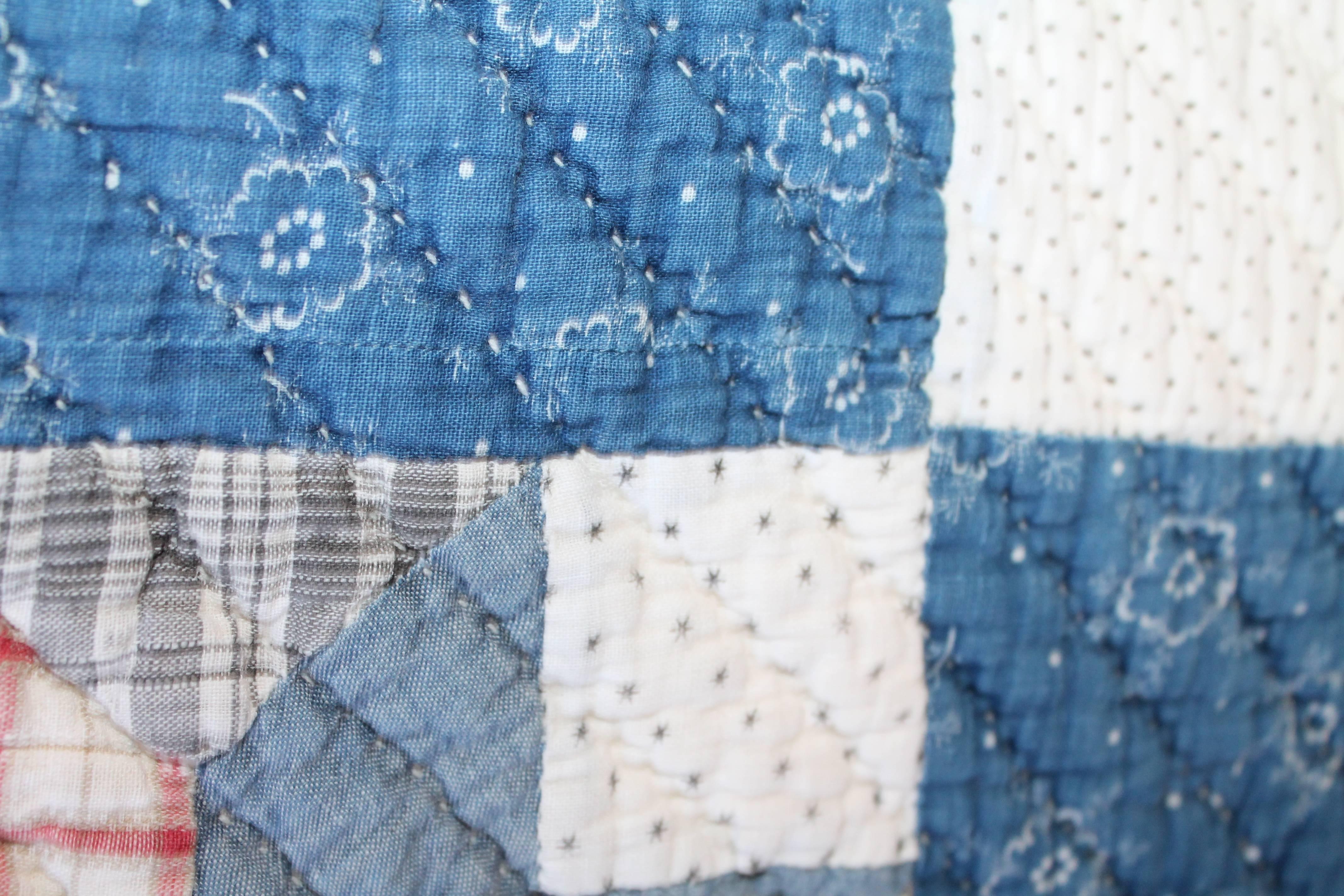 American 19th Century Blue Country Quilt in Bear Paw Pattern