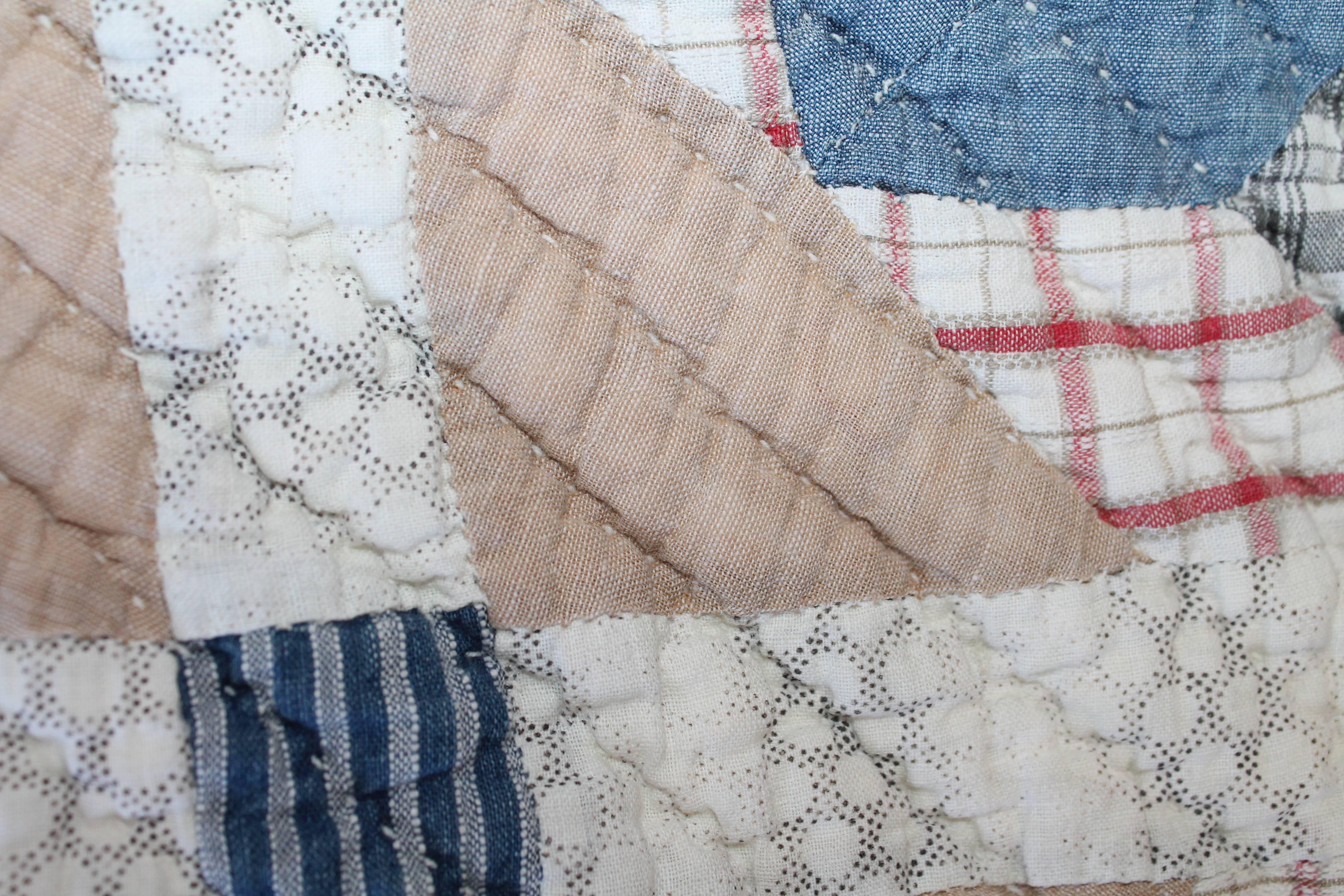 Hand-Crafted 19th Century Blue Country Quilt in Bear Paw Pattern