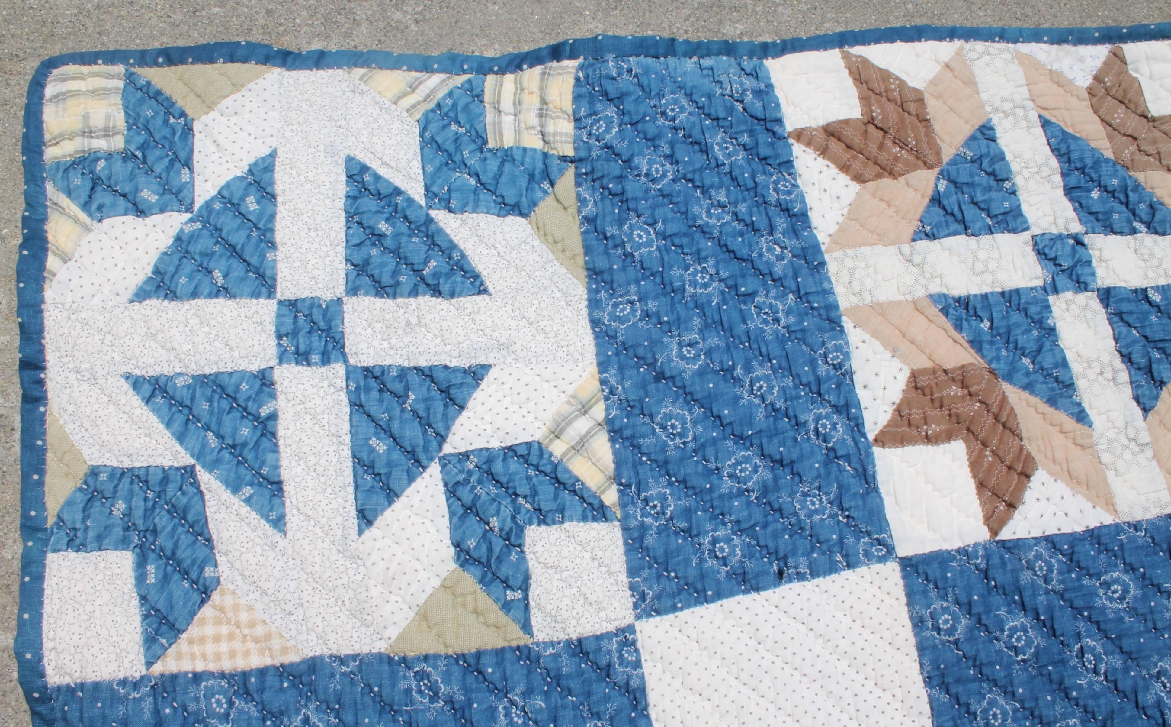 Cotton 19th Century Blue Country Quilt in Bear Paw Pattern