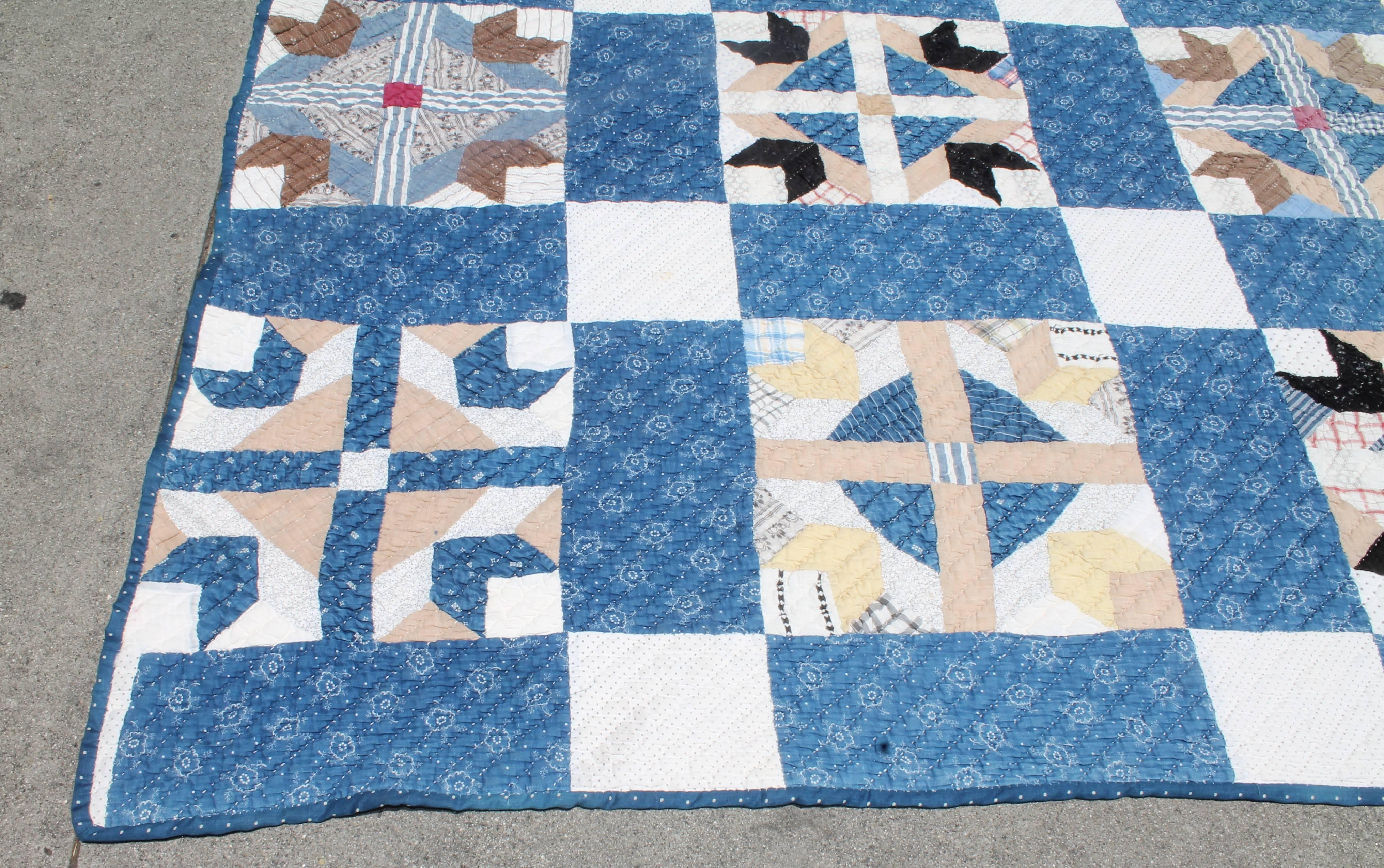 19th Century Blue Country Quilt in Bear Paw Pattern 1