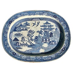 19th-Century Blue Delft China Willow Chinoiserie Platter Antique Table Decor