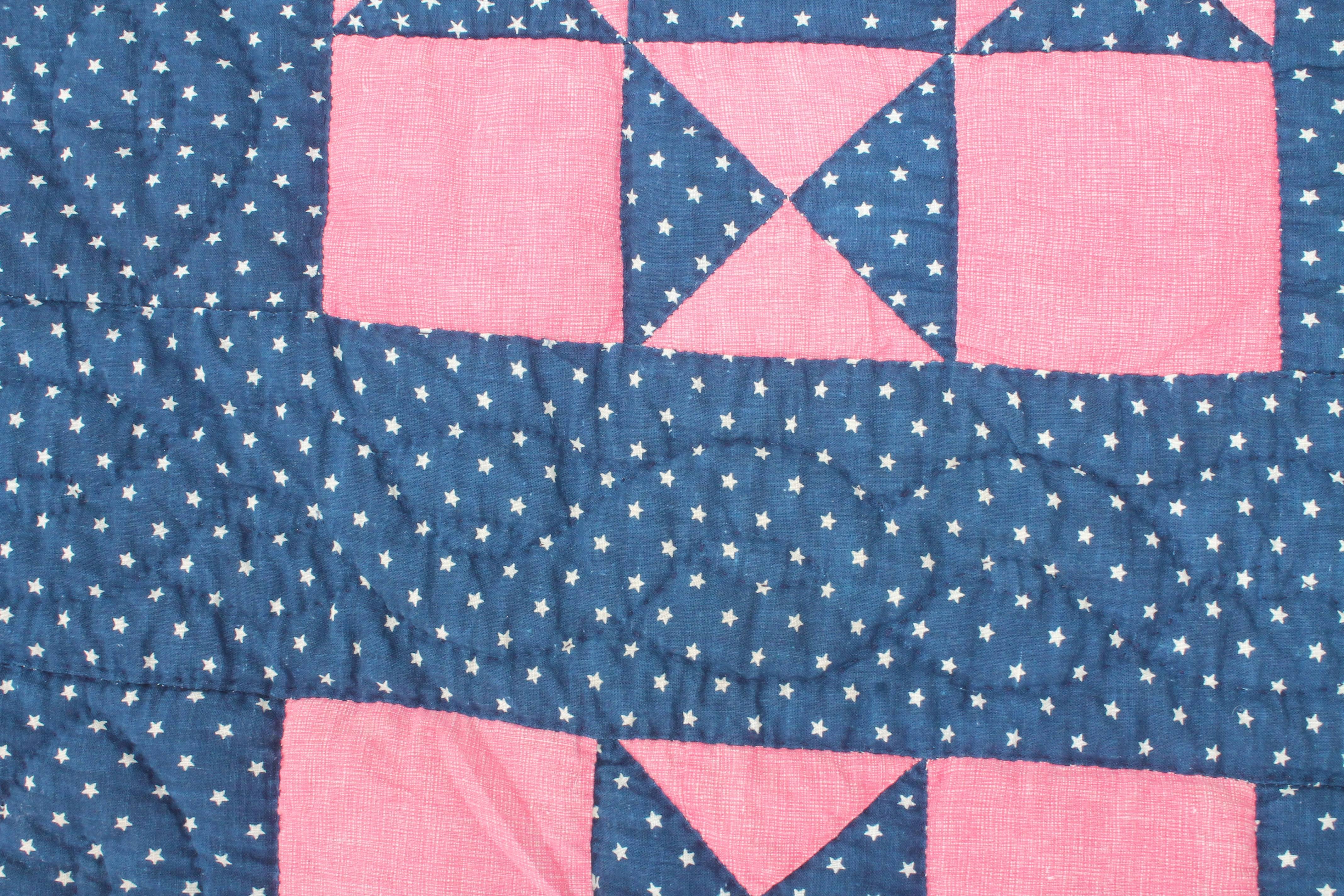 Hand-Crafted 19th Century Blue Eight Point Star Quilt