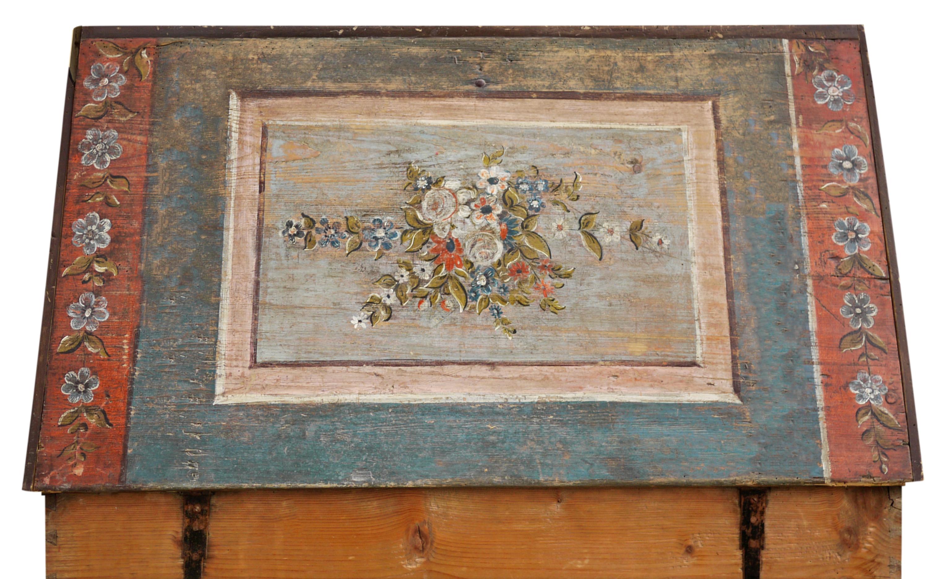 19th Century Blue Floral Painted Blanket Chest, European Alps 5
