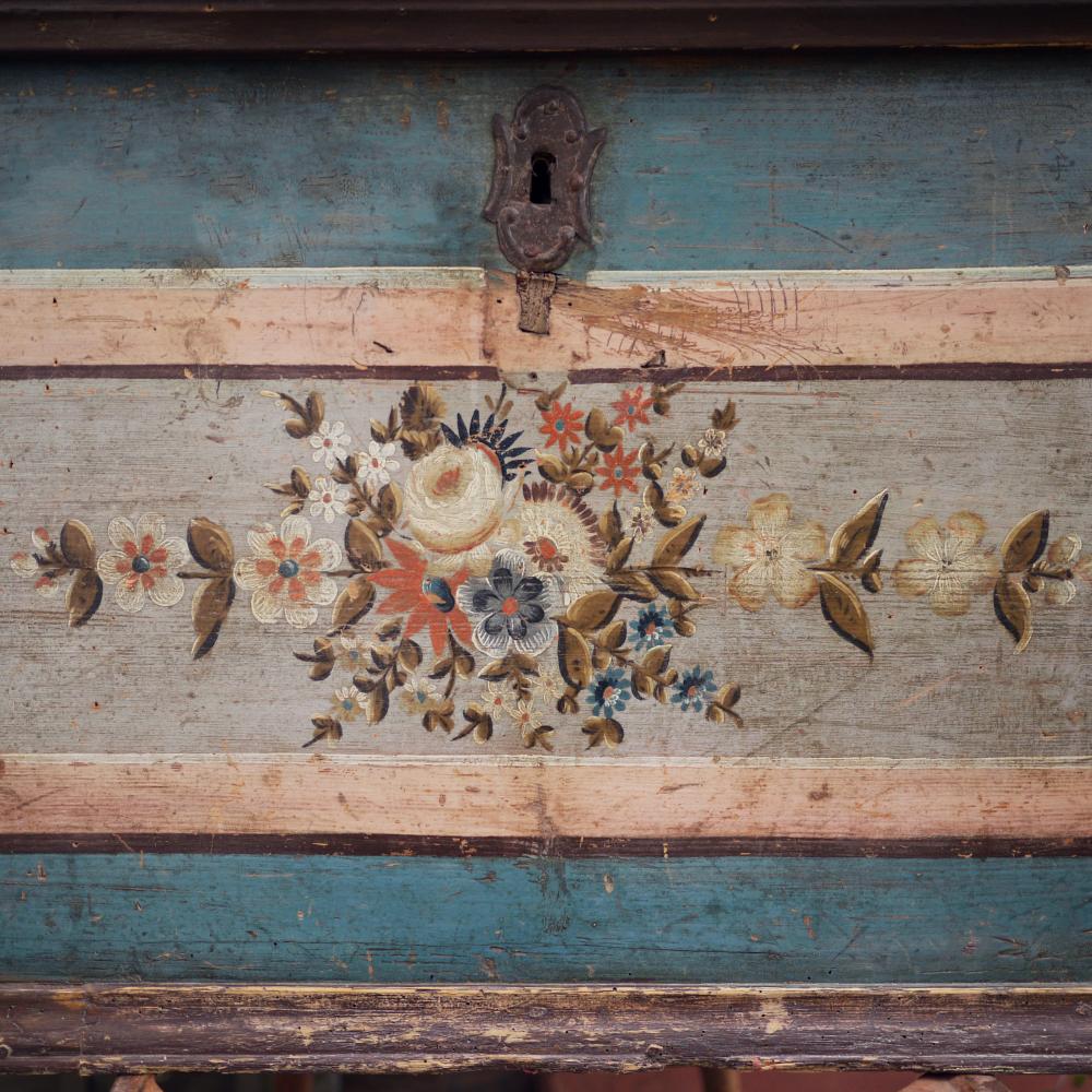 19th Century Blue Floral Painted Blanket Chest, European Alps 1