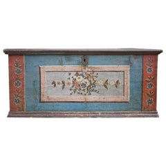 19th Century Blue Floral Painted Blanket Chest, European Alps