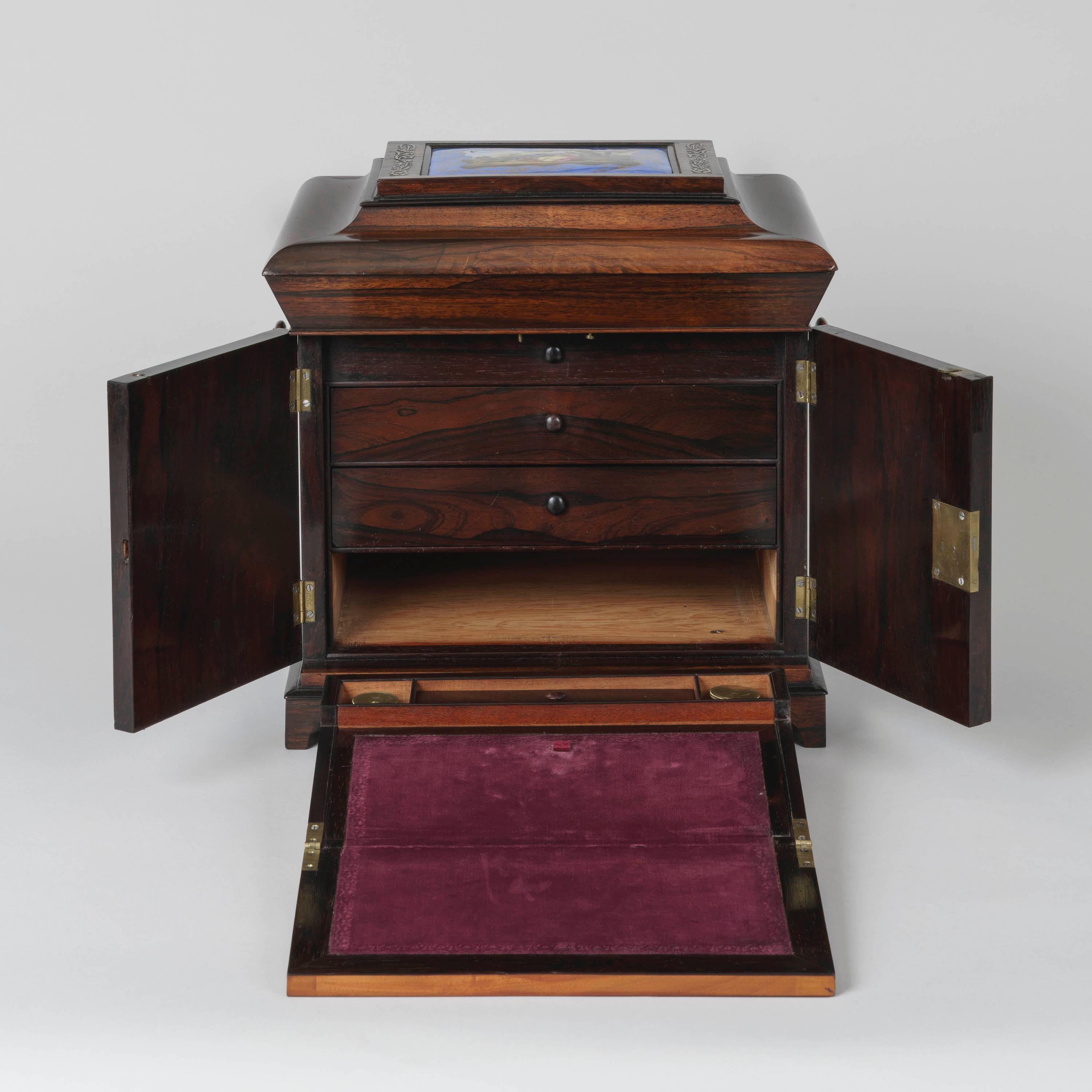 English 19th Century Blue & Gold Porcelain-Mounted Rosewood Table Cabinet For Sale