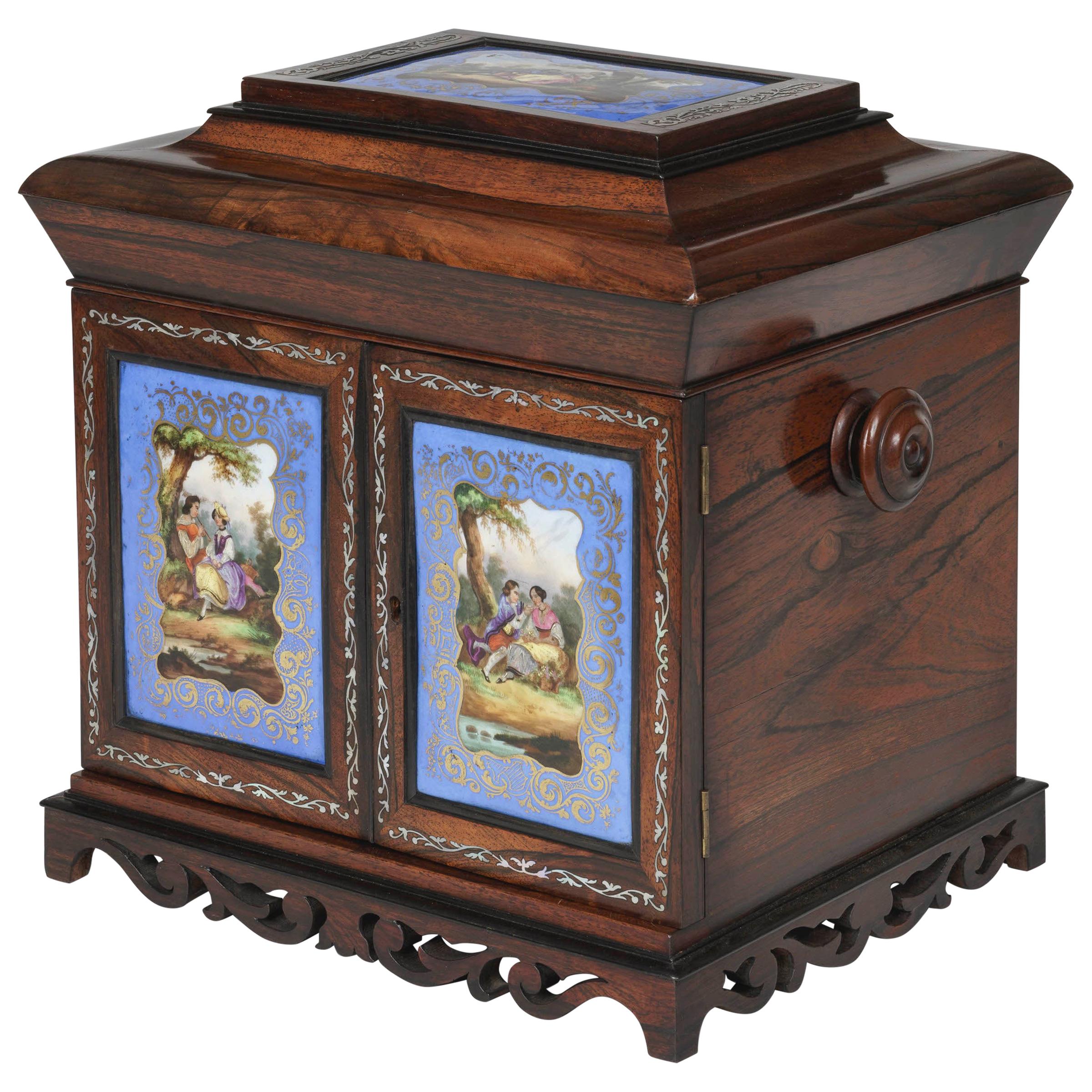 19th Century Blue & Gold Porcelain-Mounted Rosewood Table Cabinet