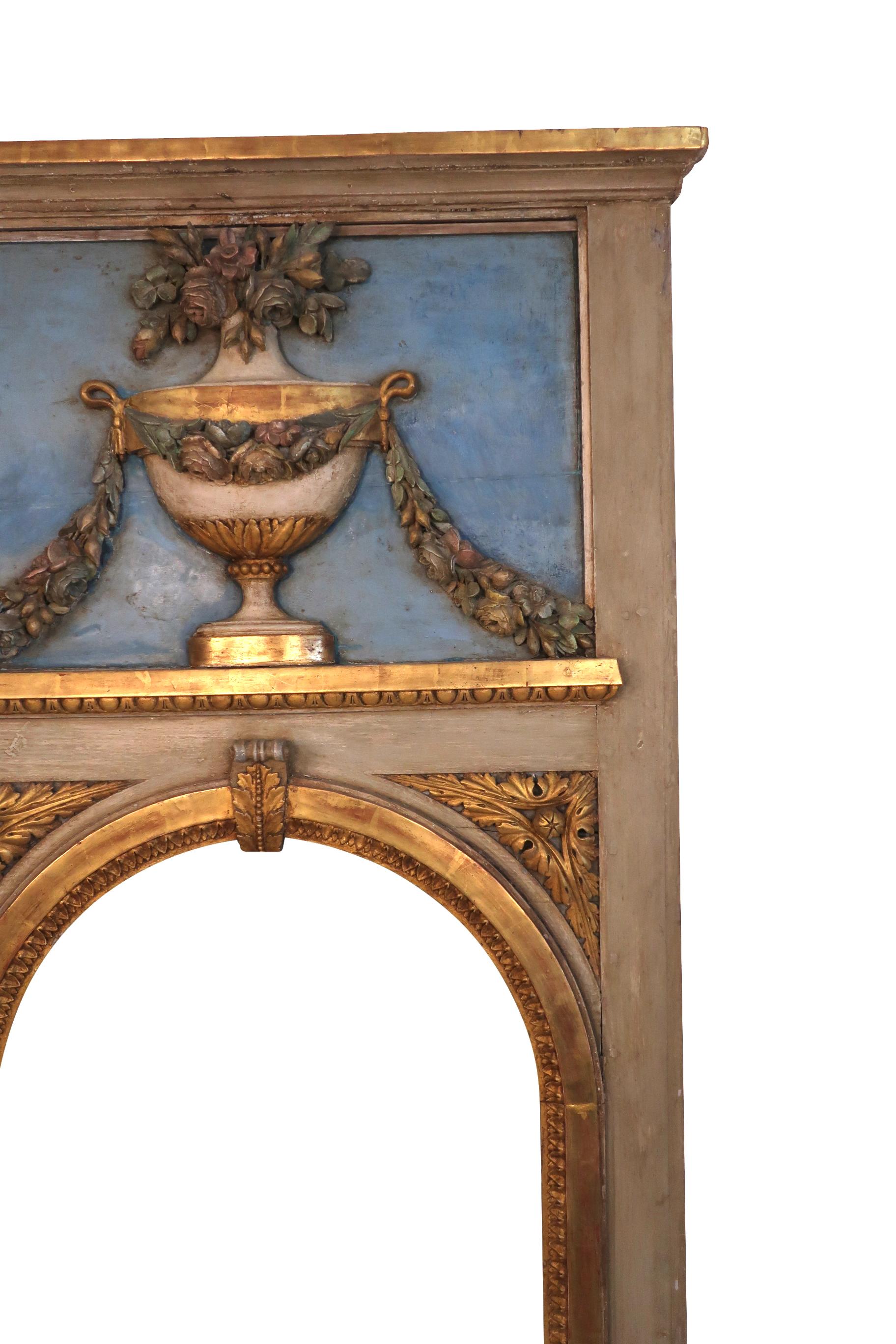French 19th Century Blue Trumeau Mirror with Urn, Garland and Floral Decoration  For Sale