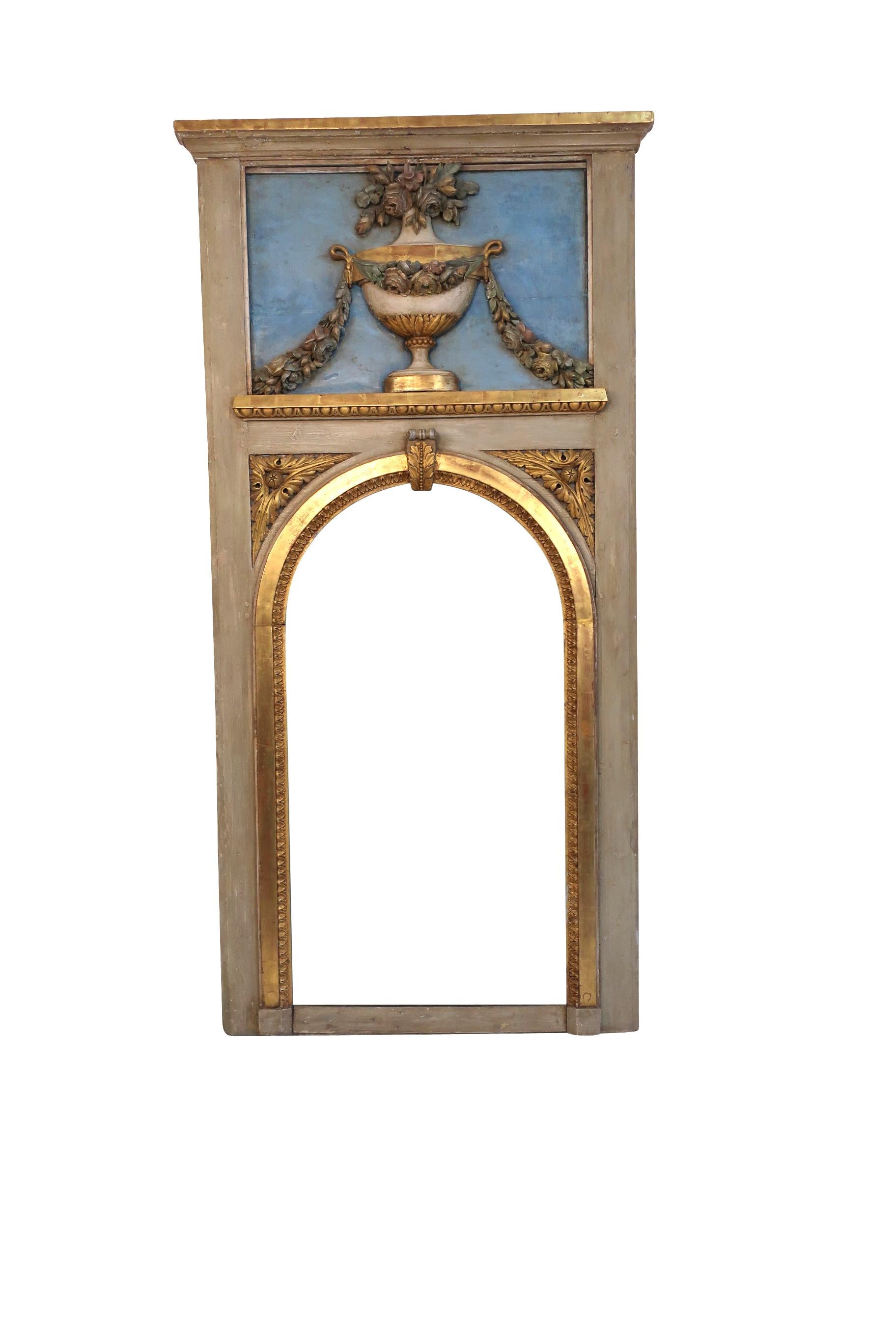 19th Century Blue Trumeau Mirror with Urn, Garland and Floral Decoration  For Sale 2