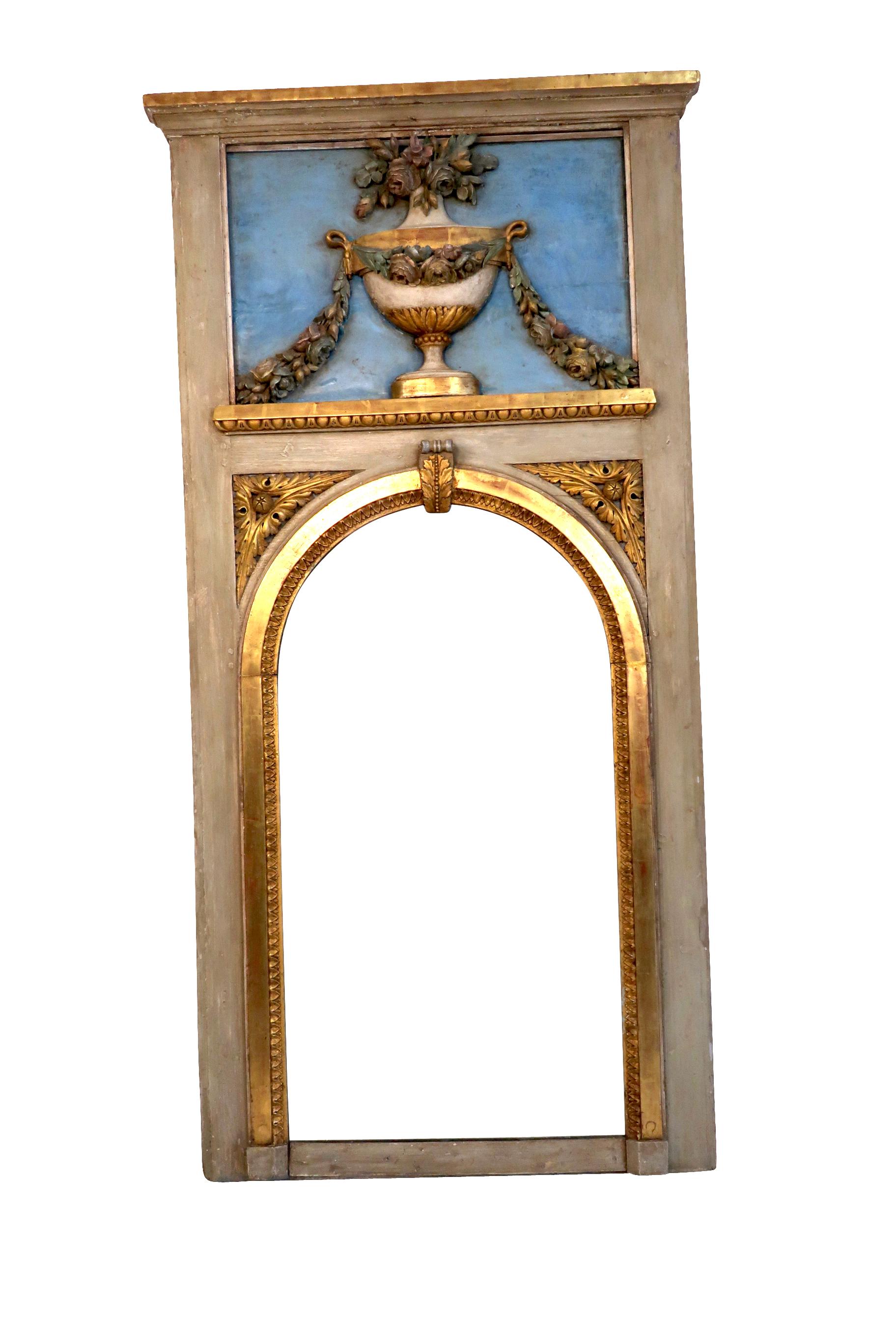 19th Century Blue Trumeau Mirror with Urn, Garland and Floral Decoration  For Sale 3