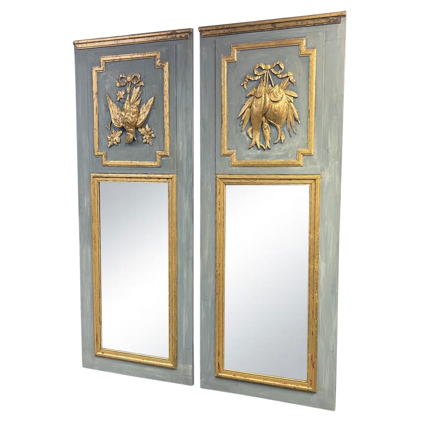 19th Century Blue-Grey French Pair of Antique Tall Allegorical Glass Mirrors