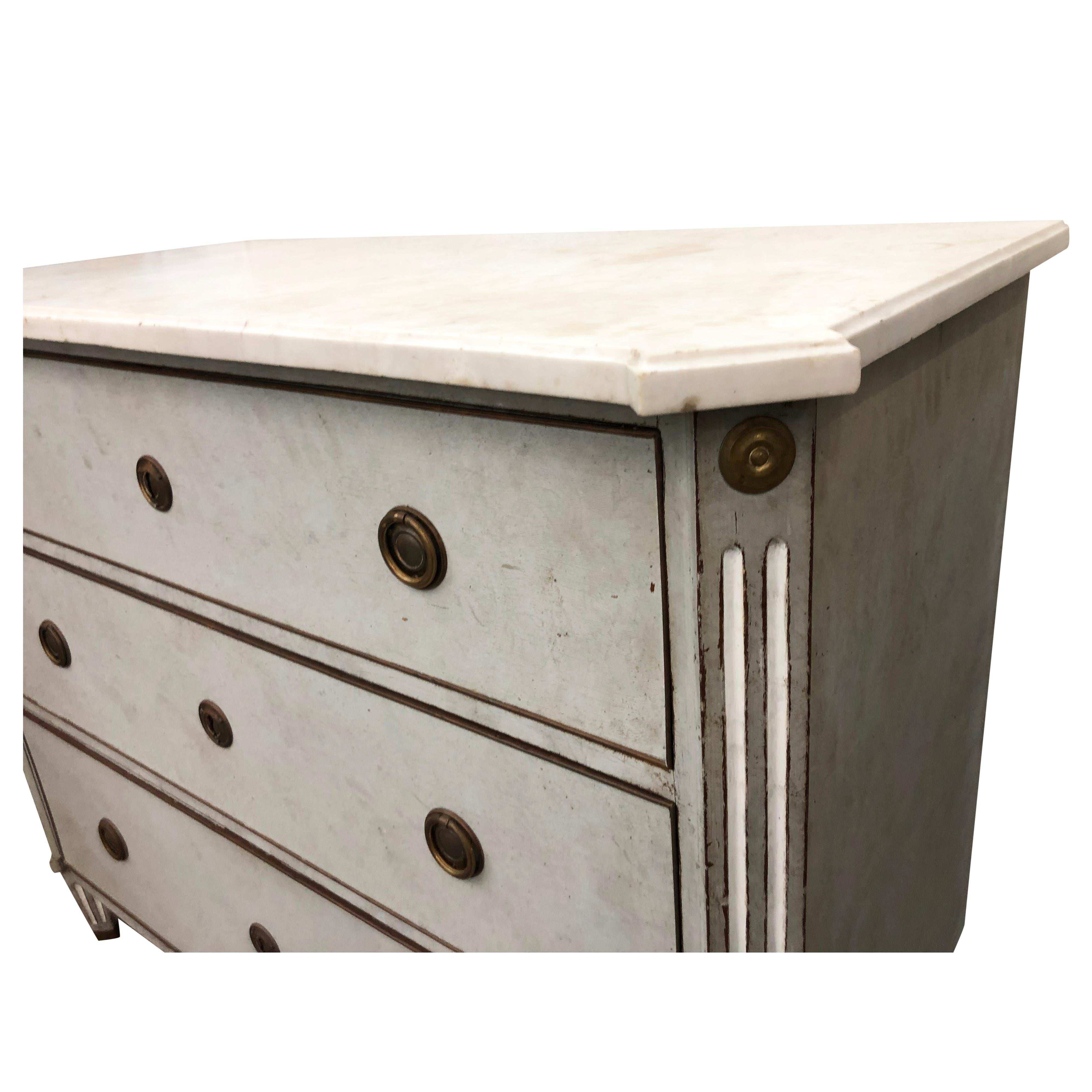 Hand-Carved 19th Century Blue-Grey Swedish Gustavian Chest, Antique Oakwood, Marble Commode For Sale