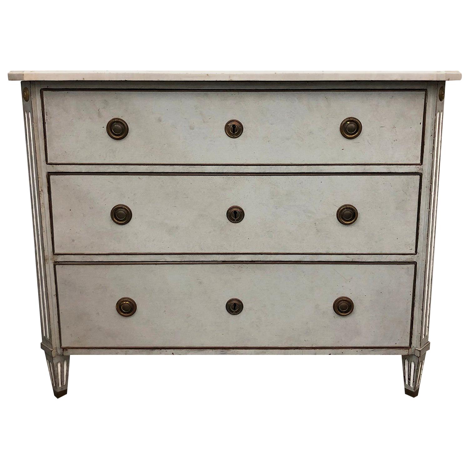 19th Century Blue-Grey Swedish Gustavian Chest, Antique Oakwood, Marble Commode For Sale