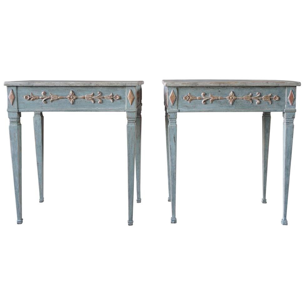 19th Century BlueGrey Swedish Gustavian Pair of Pinewood Console