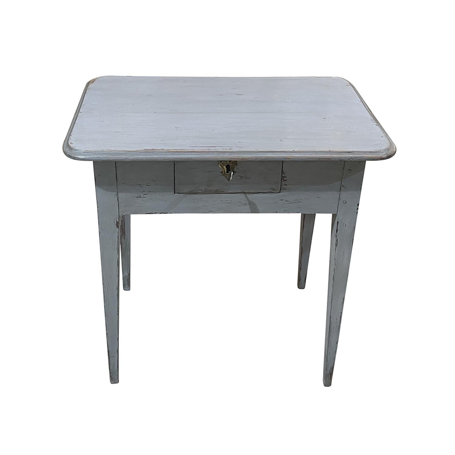 Hand-Carved 19th Century Blue-Grey Swedish Gustavian Side Table - Scandinavian Kitchen Table For Sale