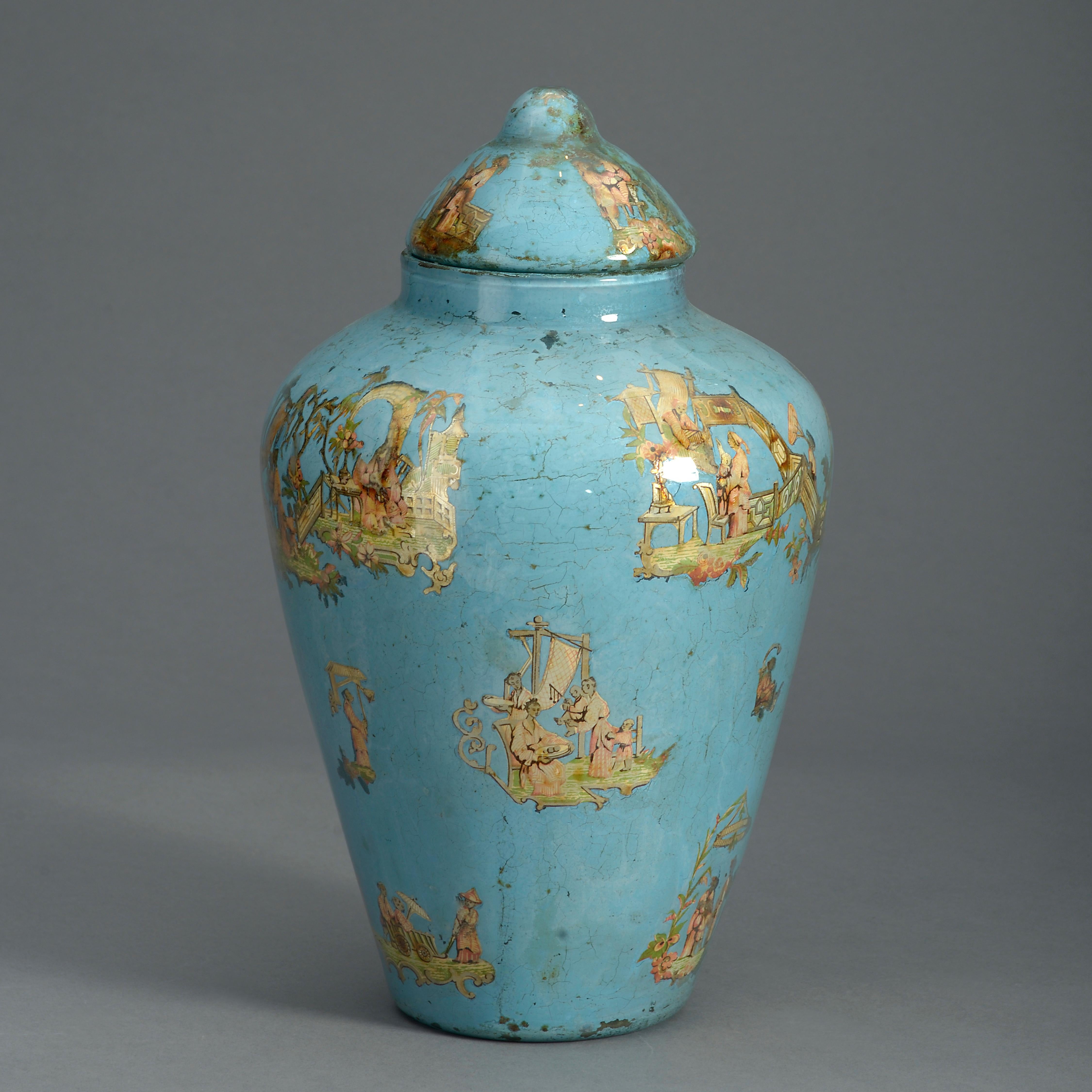 Italian 19th Century Blue Ground Decalcomania Vase and Cover