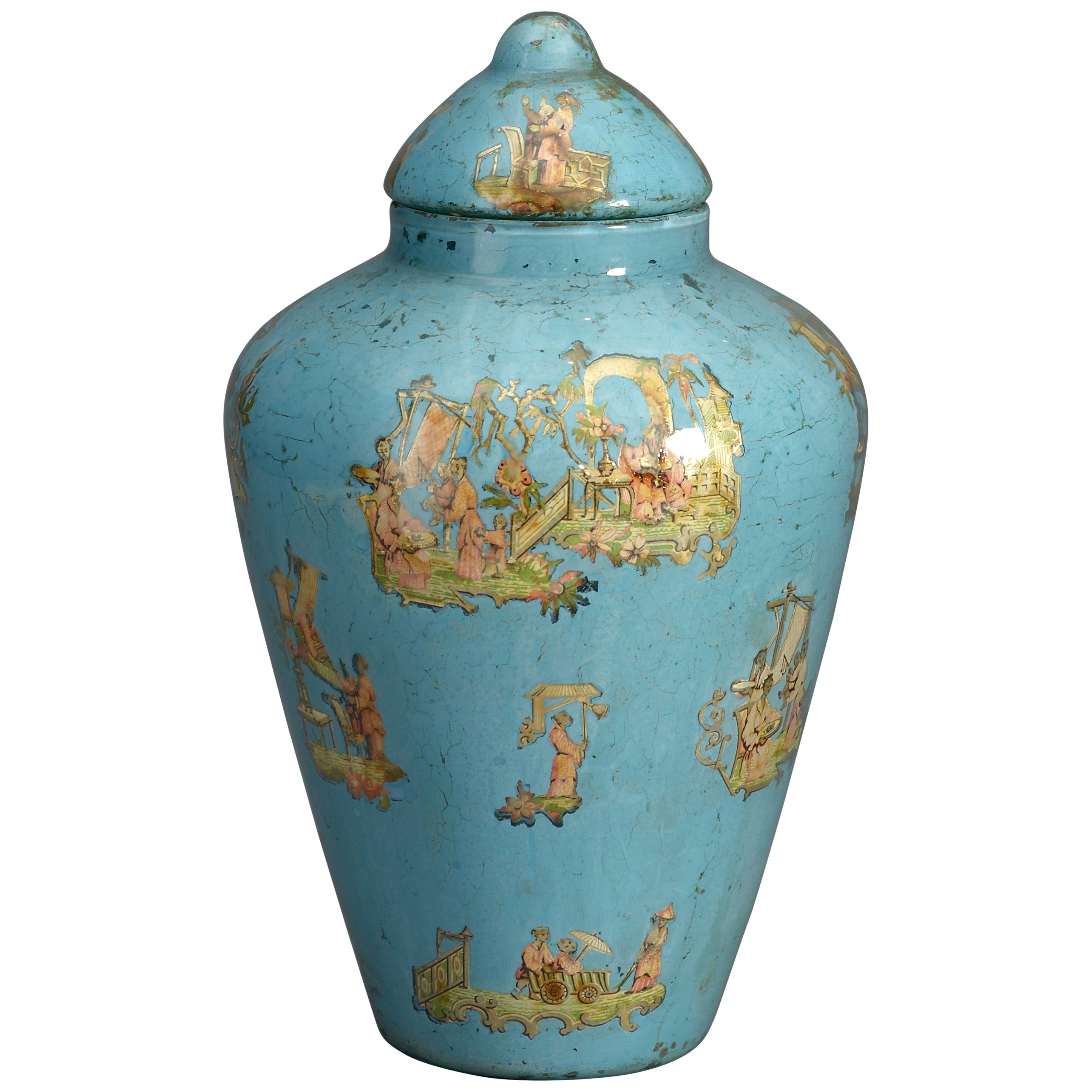 19th Century Blue Ground Decalcomania Vase and Cover