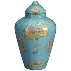 Vase et couvercle Decalcomania du 19ème siècle à fond bleu