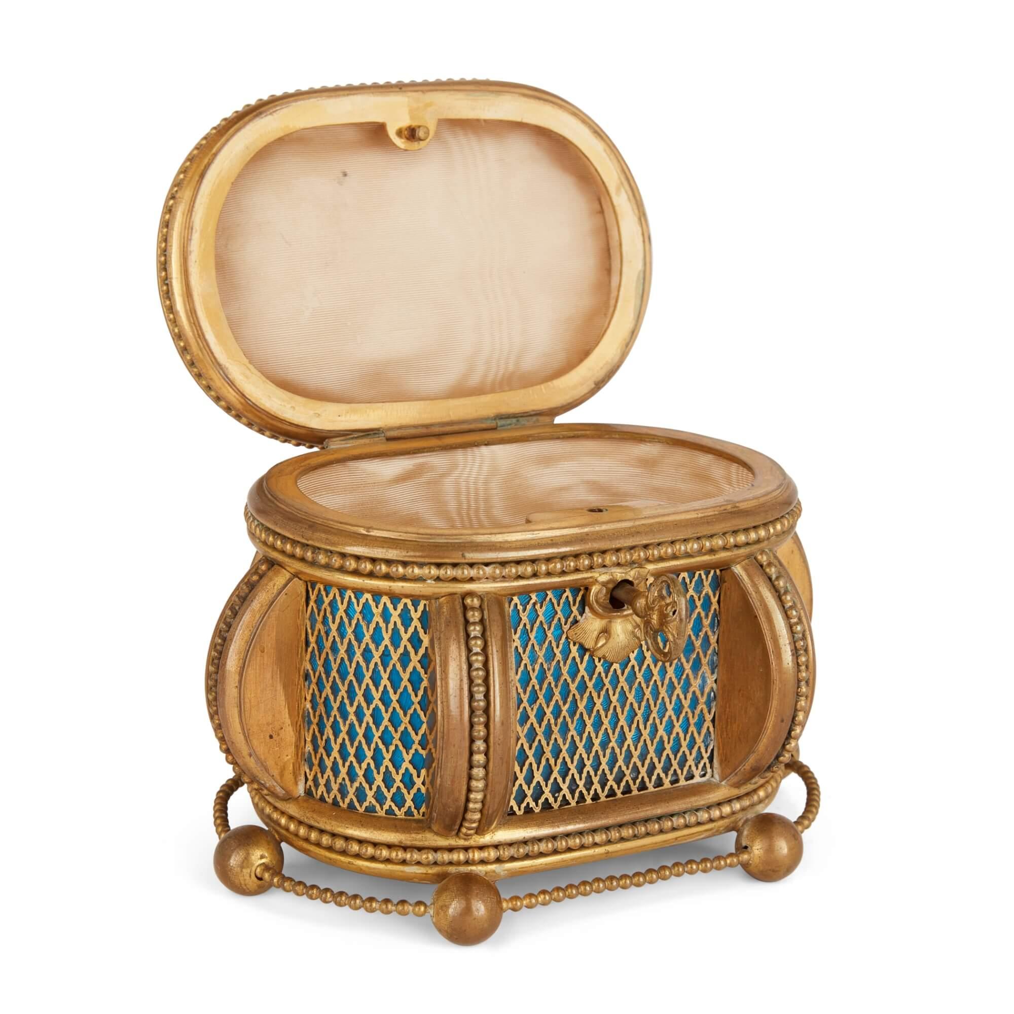 19th century blue guilloché enamel and gilt-metal casket 
French, 19th Century 
Height 11cm, width 15cm, depth 10cm

This exquisite piece highlights the expert designs emerging from France in the 19th Century. The main body of the casket is crafted