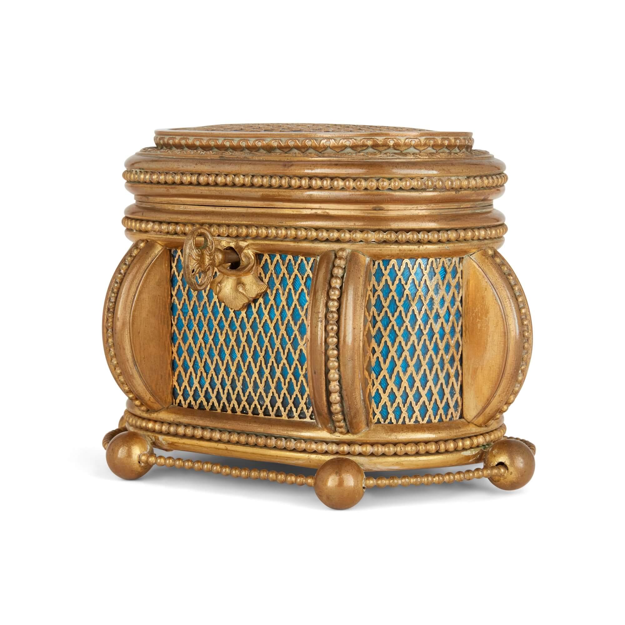 French 19th Century Blue Guilloché Enamel and Gilt-Metal Casket  For Sale