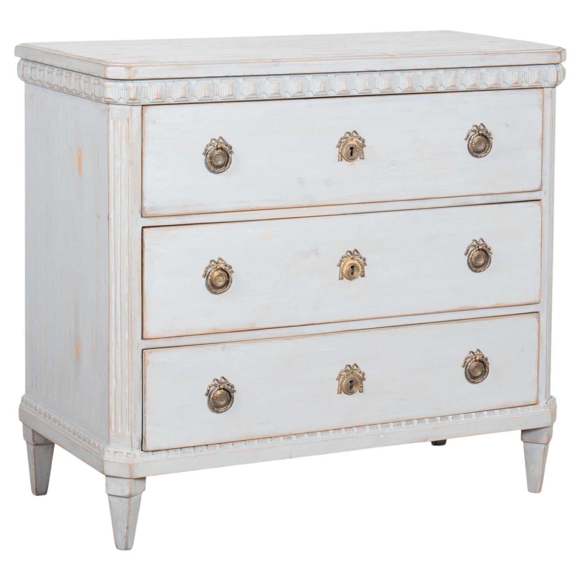 19th Century Blue Gustavian Pine Chest of Three Drawers