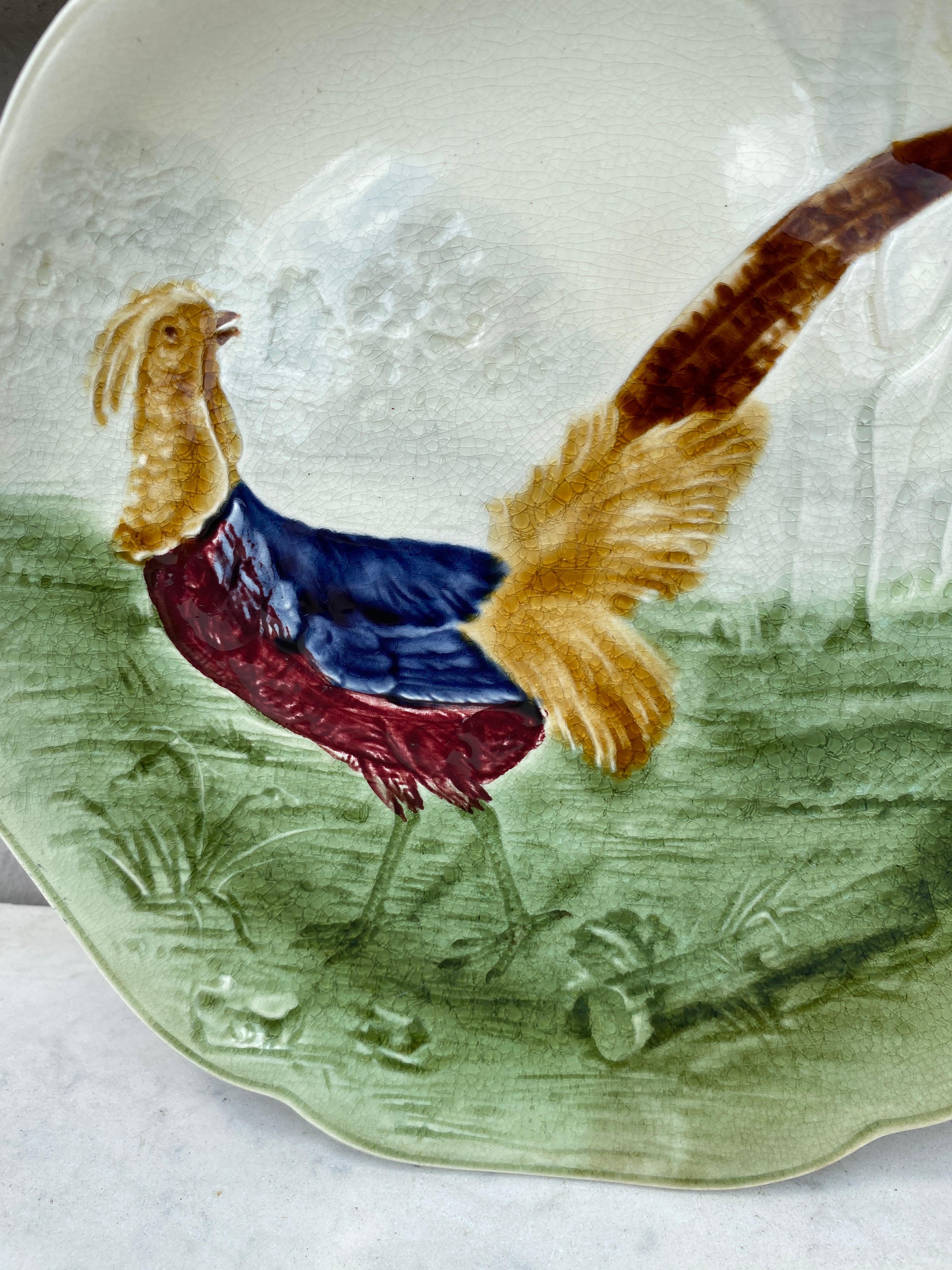 Assiette en majolique représentant un faisan dans les bois, signée Hippolyte Boulenger Choisy-le-Roi, vers 1890.
La manufacture de Choisy-le-Roi était l'une des plus importantes à la fin du 19ème siècle, elle produisait des céramiques de très haute