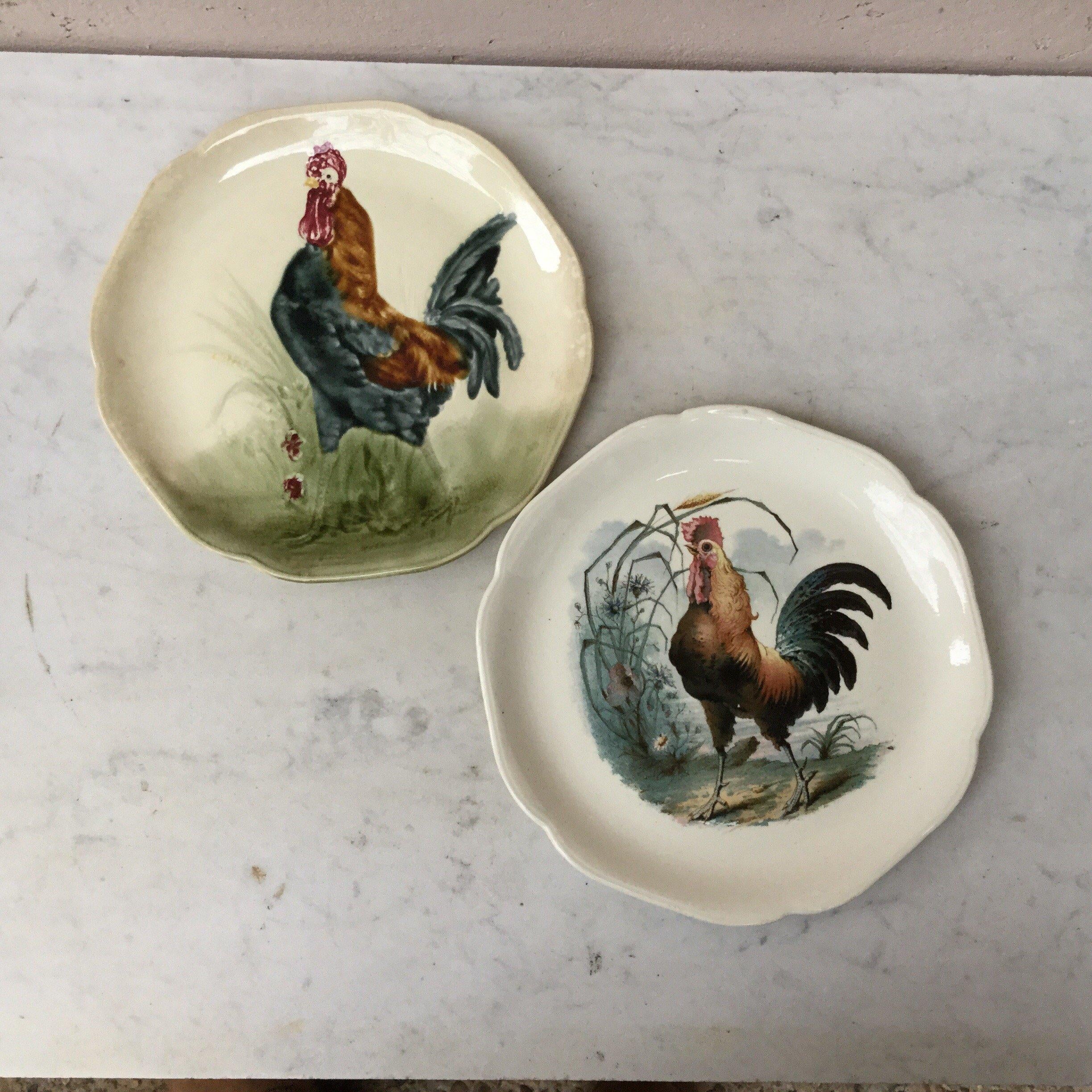 Country 19th Century Majolica Rooster Plate Choisy Le Roi For Sale