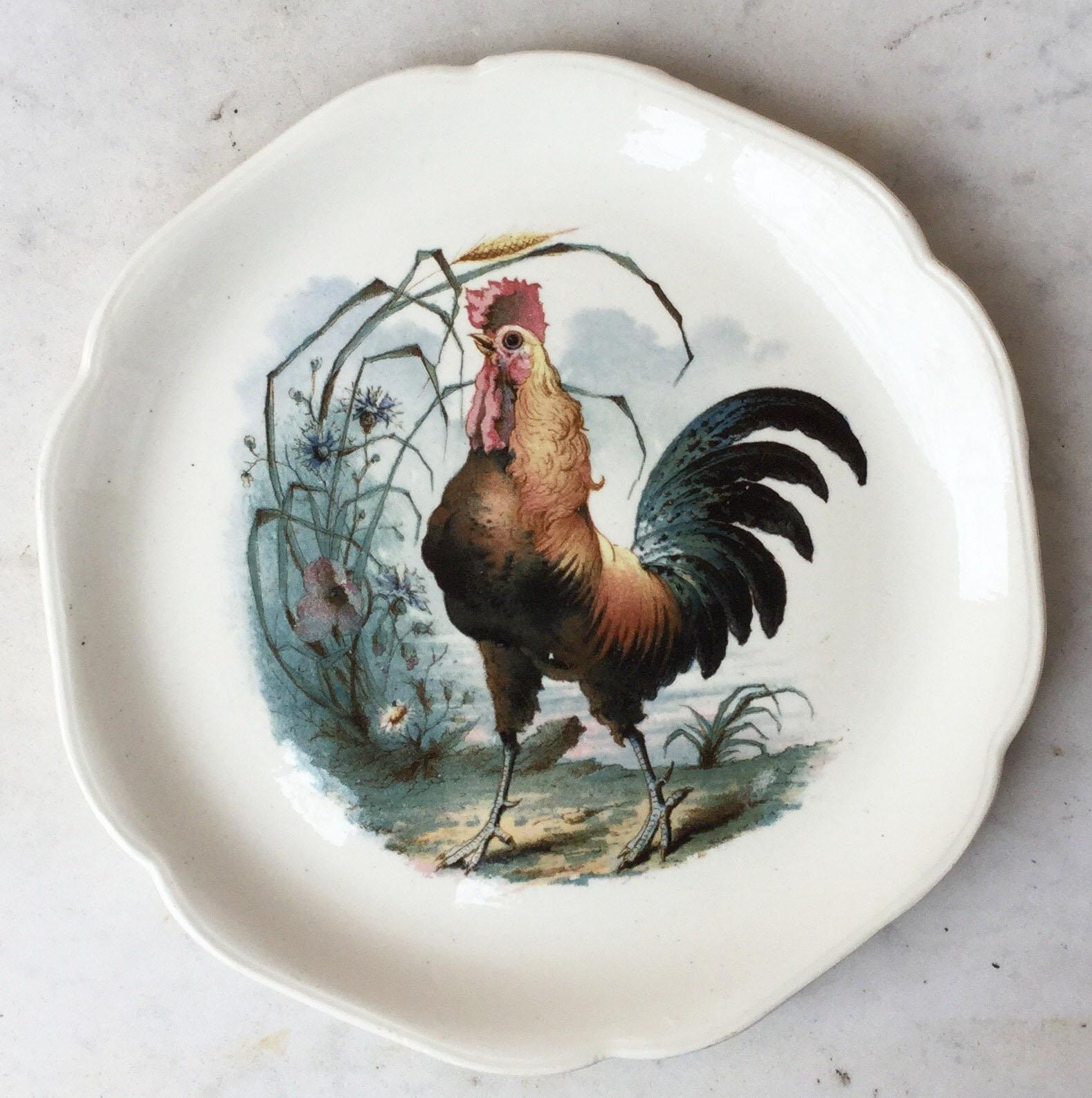 19th Century Majolica Rooster Plate Choisy Le Roi In Good Condition For Sale In Austin, TX