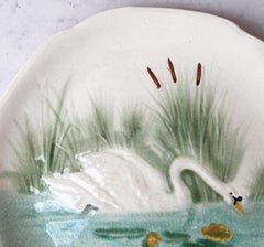 19th Century Blue Majolica Swan Plate Choisy Le Roi