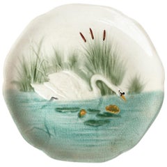 19th Century Blue Majolica Swan Plate Choisy Le Roi