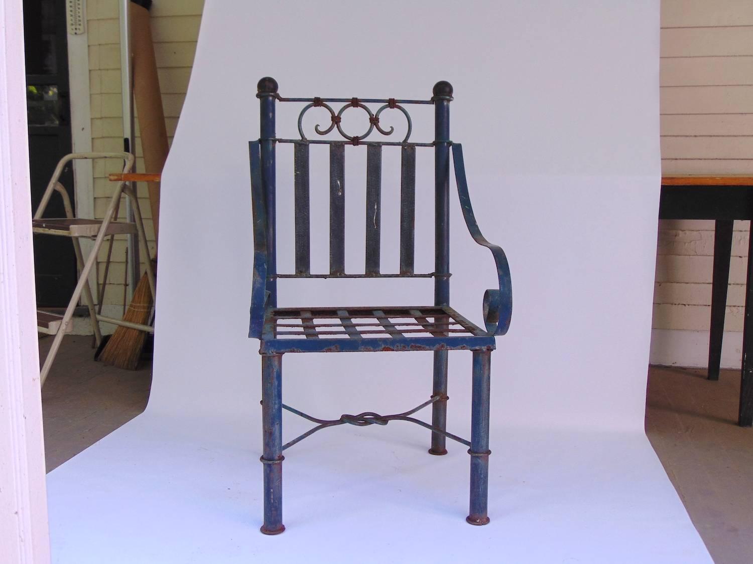 Handsome blue-green metal 19th century American strap work garden chair.
Measure: Height to seat 16.