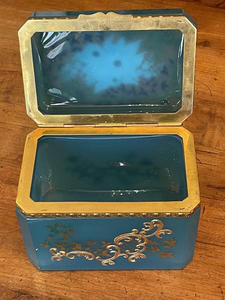 Very fine 19th century blue opaline box with gilt and enamel floral decoration and ormolu fittings.