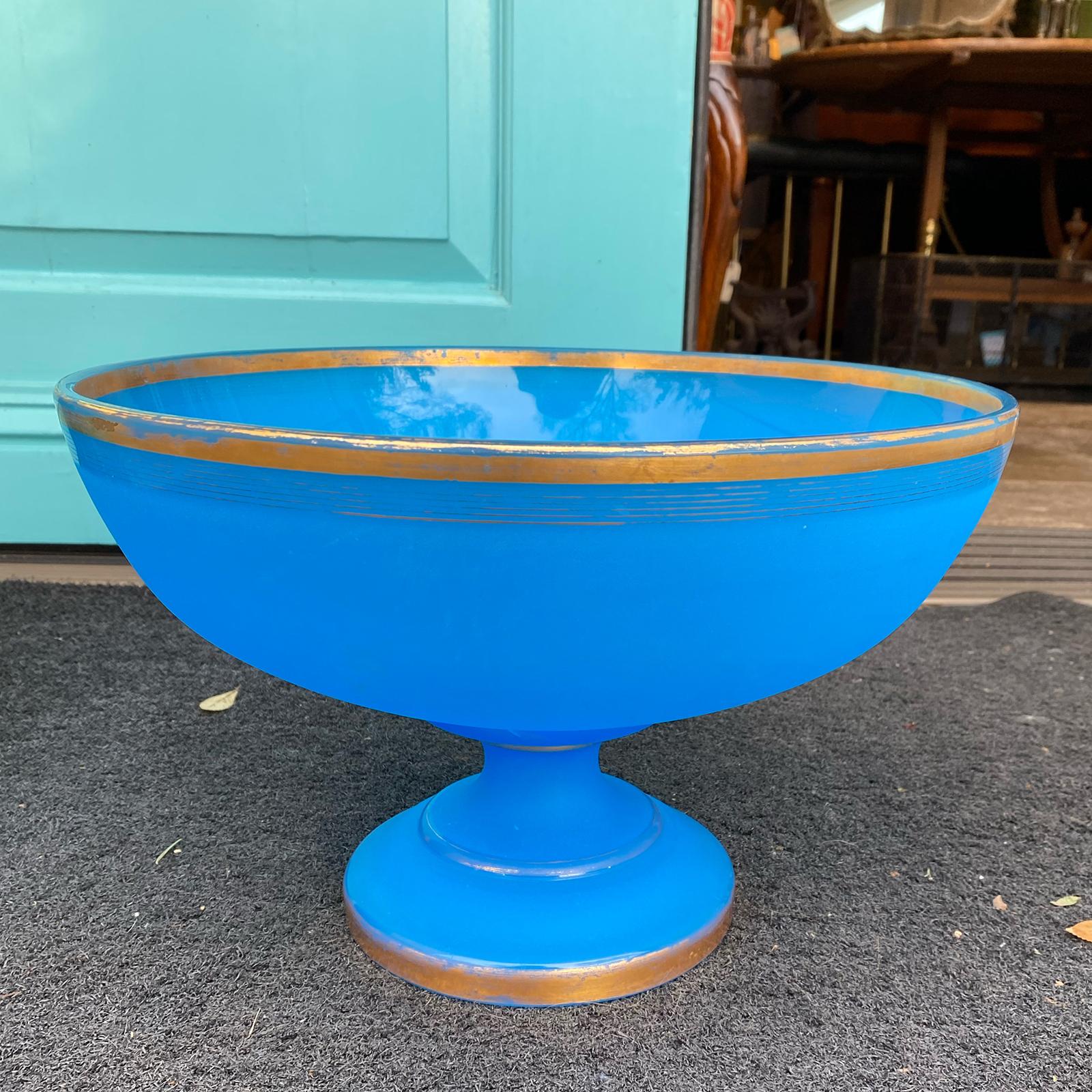 Large scale 19th century blue Opaline glass round centerpiece or bowl with gilt edges.