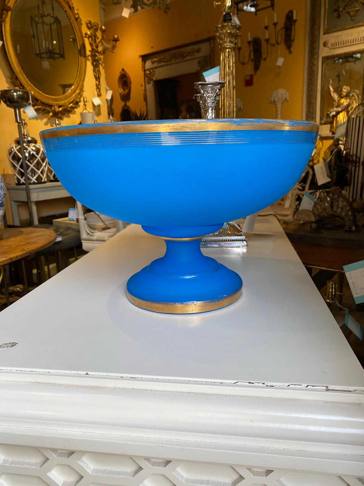 19th Century Blue Opaline Glass Round Centerpiece or Bowl with Gilt Edges In Good Condition In Atlanta, GA