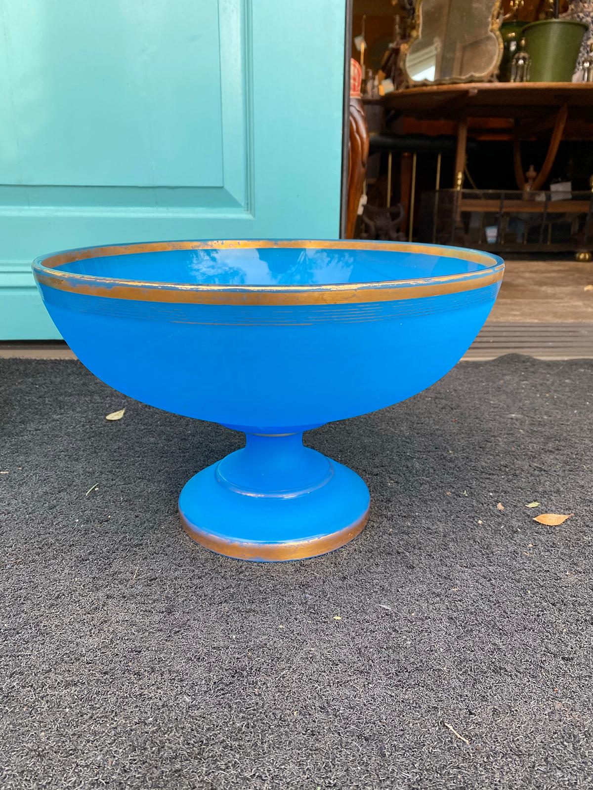 19th Century Blue Opaline Glass Round Centerpiece or Bowl with Gilt Edges 1