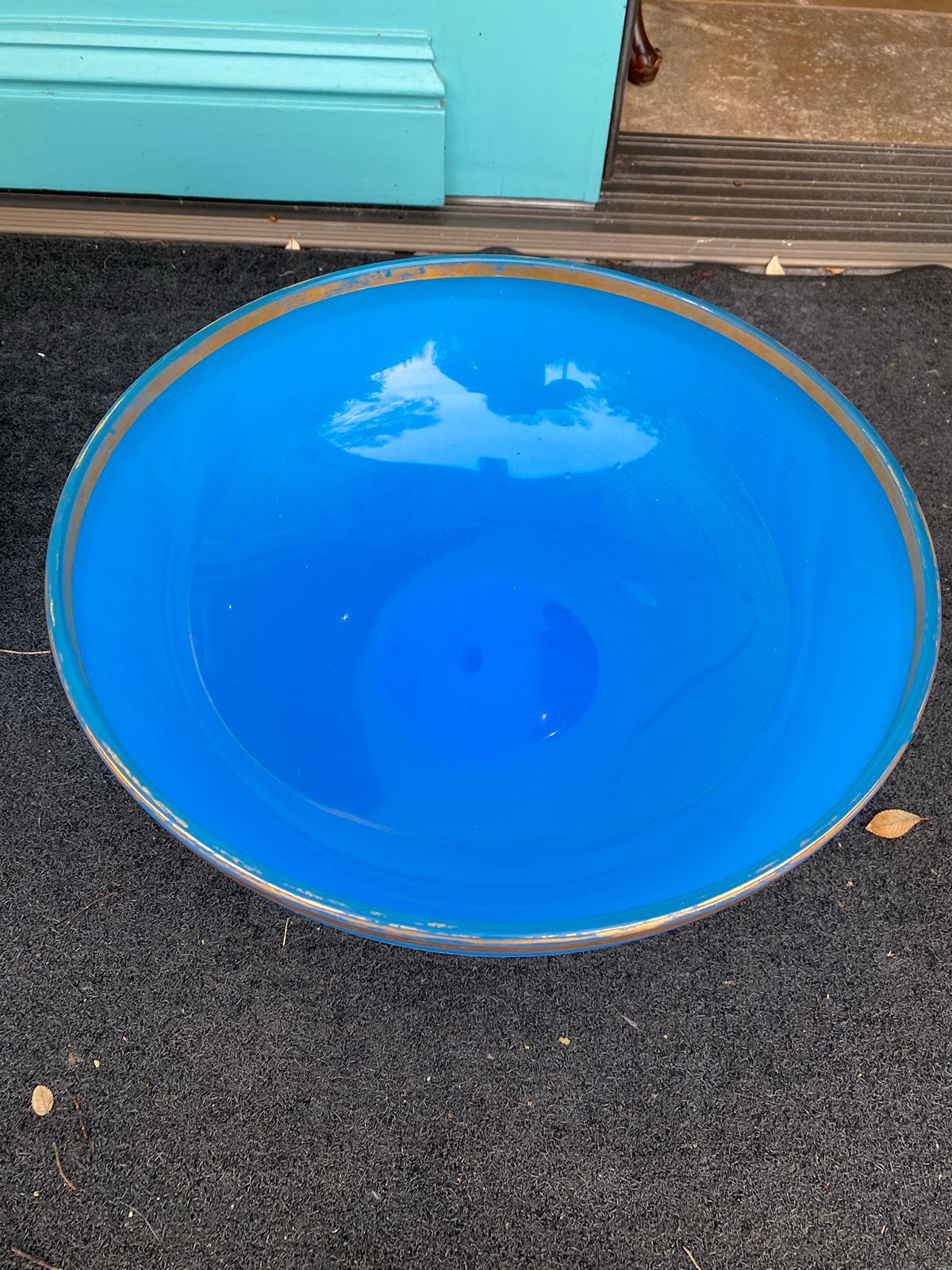 19th Century Blue Opaline Glass Round Centerpiece or Bowl with Gilt Edges 2
