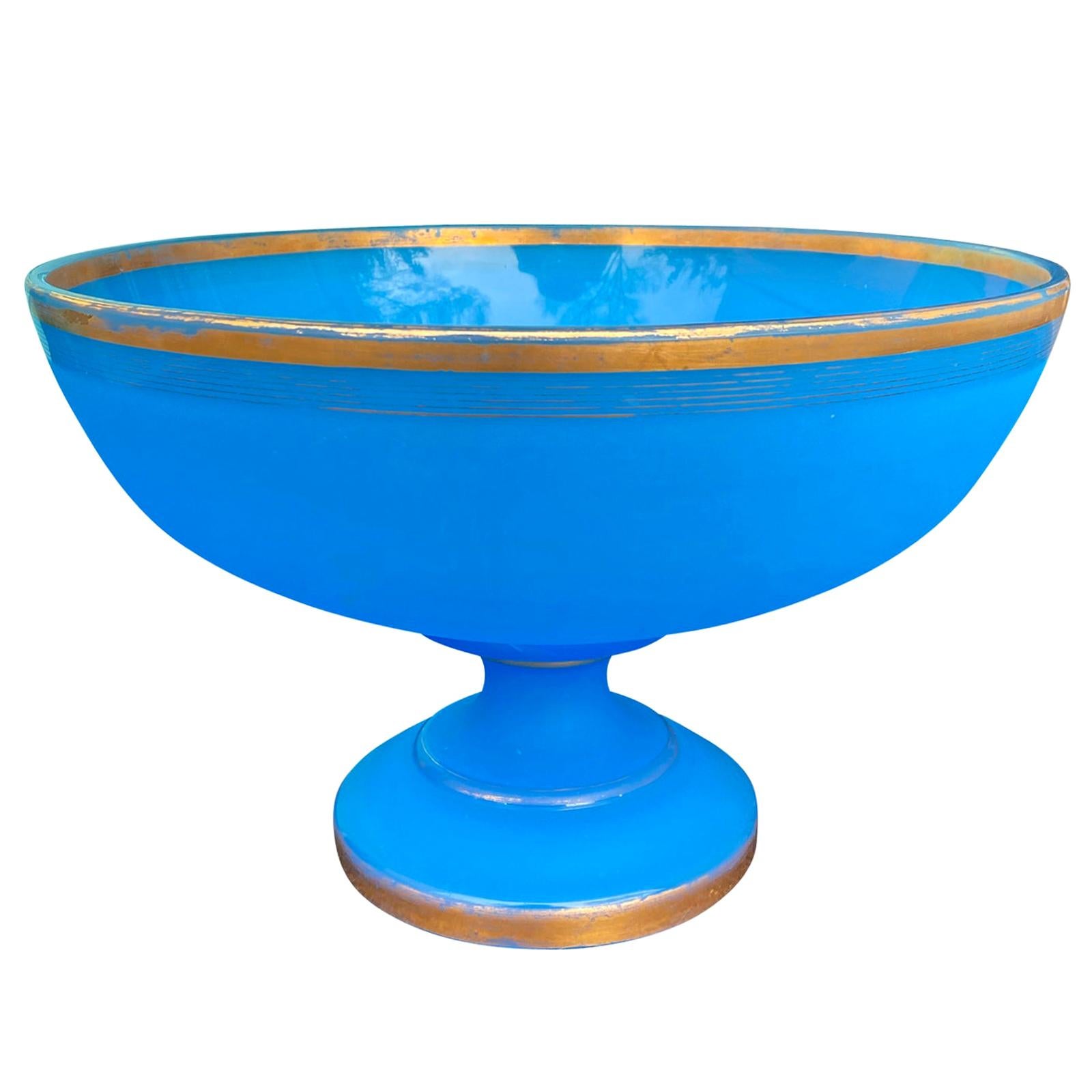 19th Century Blue Opaline Glass Round Centerpiece or Bowl with Gilt Edges