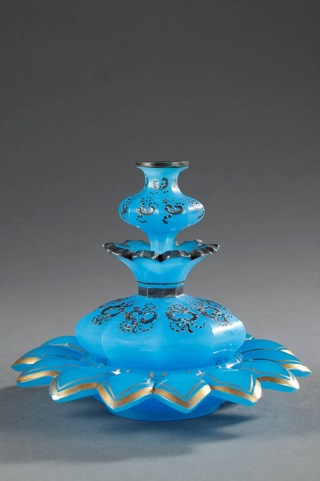 Napoleon III 19th Century Blue Opaline Perfume Bottle with Enamel Decoration For Sale