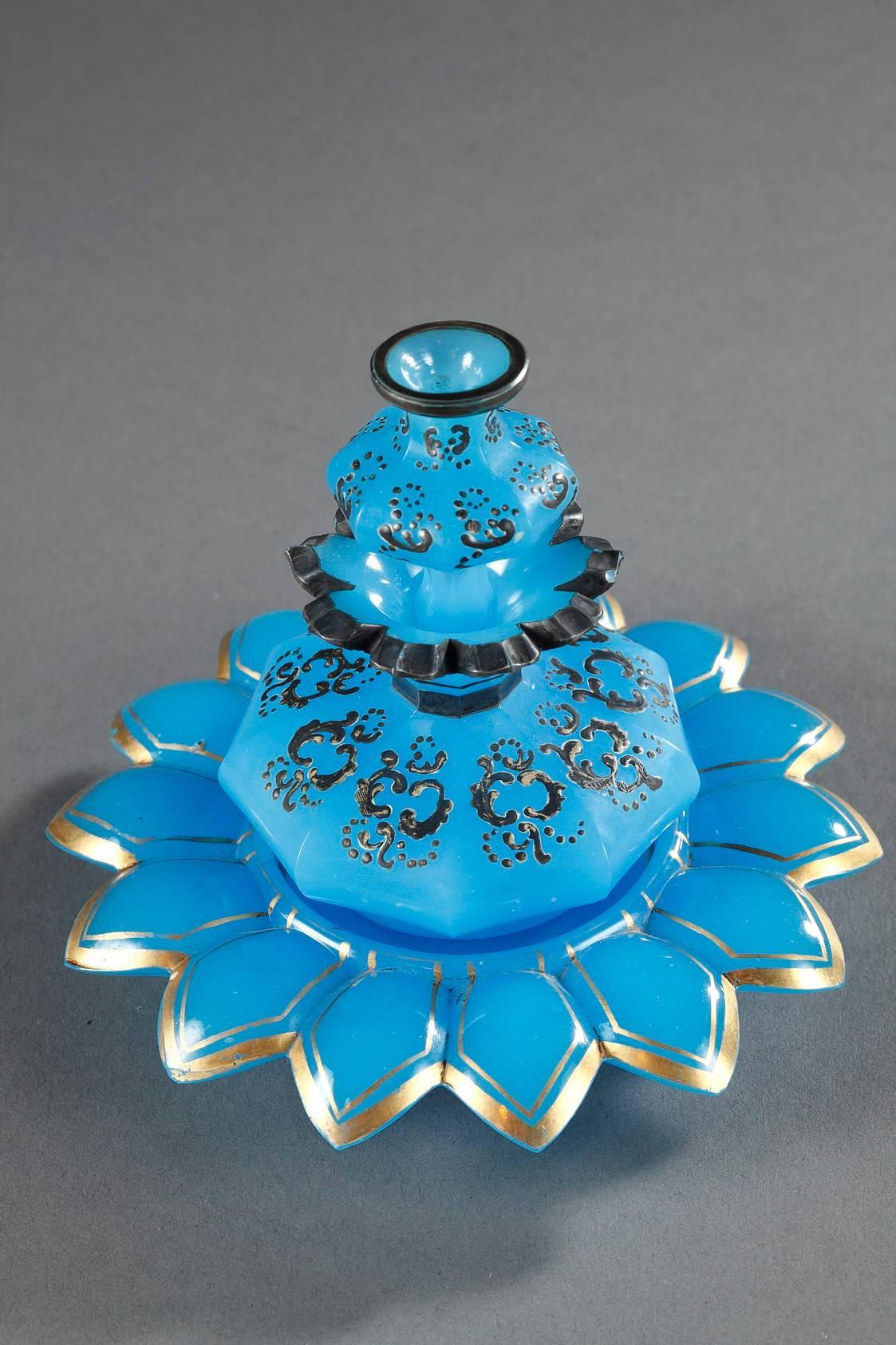 Opaline Glass 19th Century Blue Opaline Perfume Bottle with Enamel Decoration For Sale