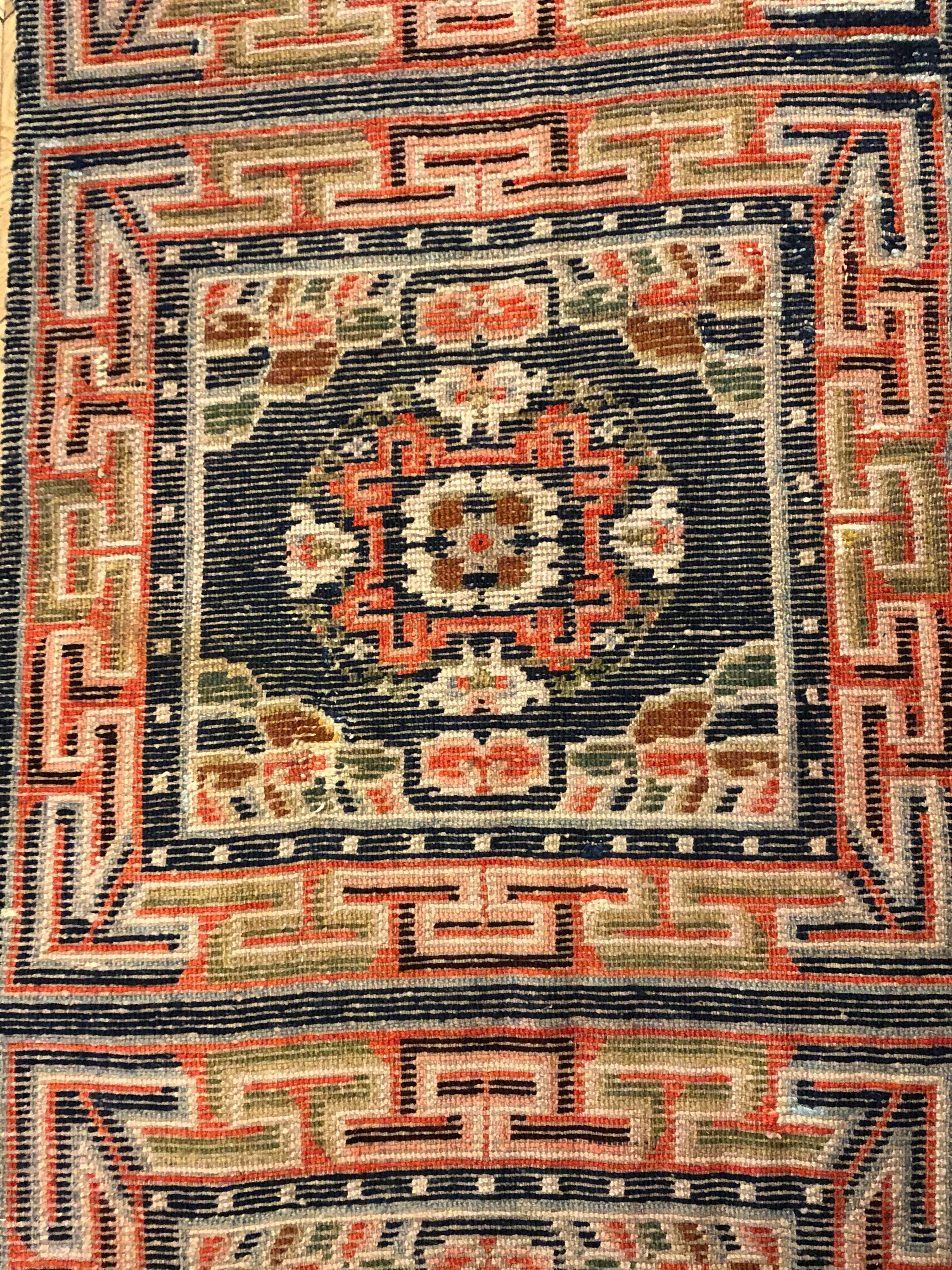 19th Century Blue, Orange and White Kyongde Runner Rug from Tibet, Khaden For Sale 3
